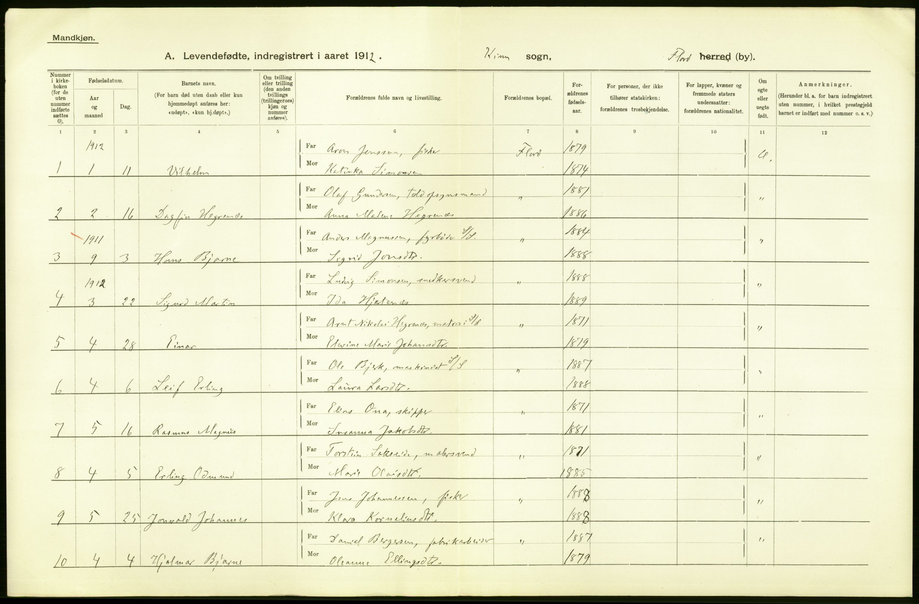 Statistisk sentralbyrå, Sosiodemografiske emner, Befolkning, RA/S-2228/D/Df/Dfb/Dfbb/L0036: Florø by: Levendefødte menn og kvinner, gifte, døde, dødfødte., 1912, s. 4