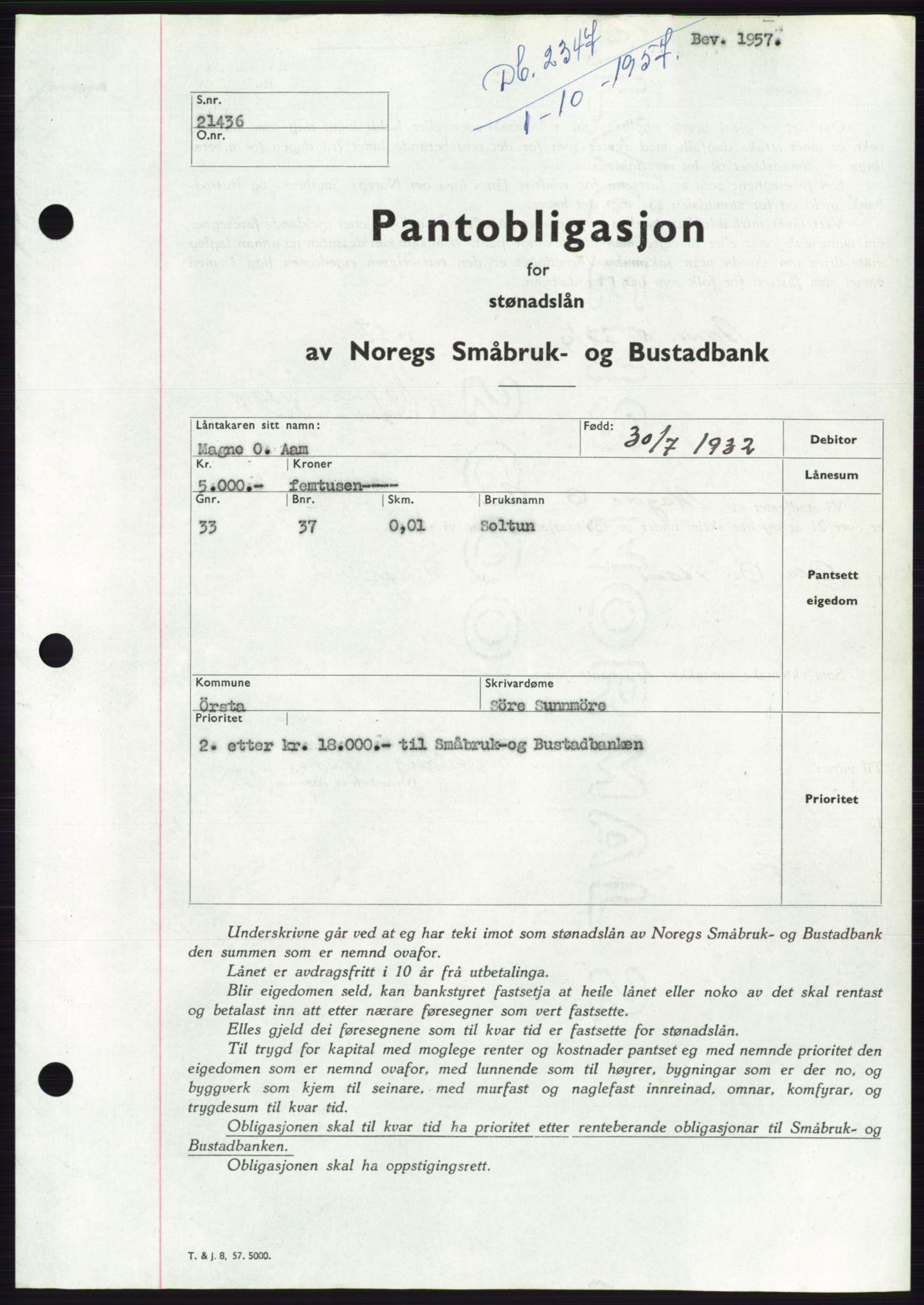 Søre Sunnmøre sorenskriveri, AV/SAT-A-4122/1/2/2C/L0130: Pantebok nr. 18B, 1957-1958, Dagboknr: 2347/1957