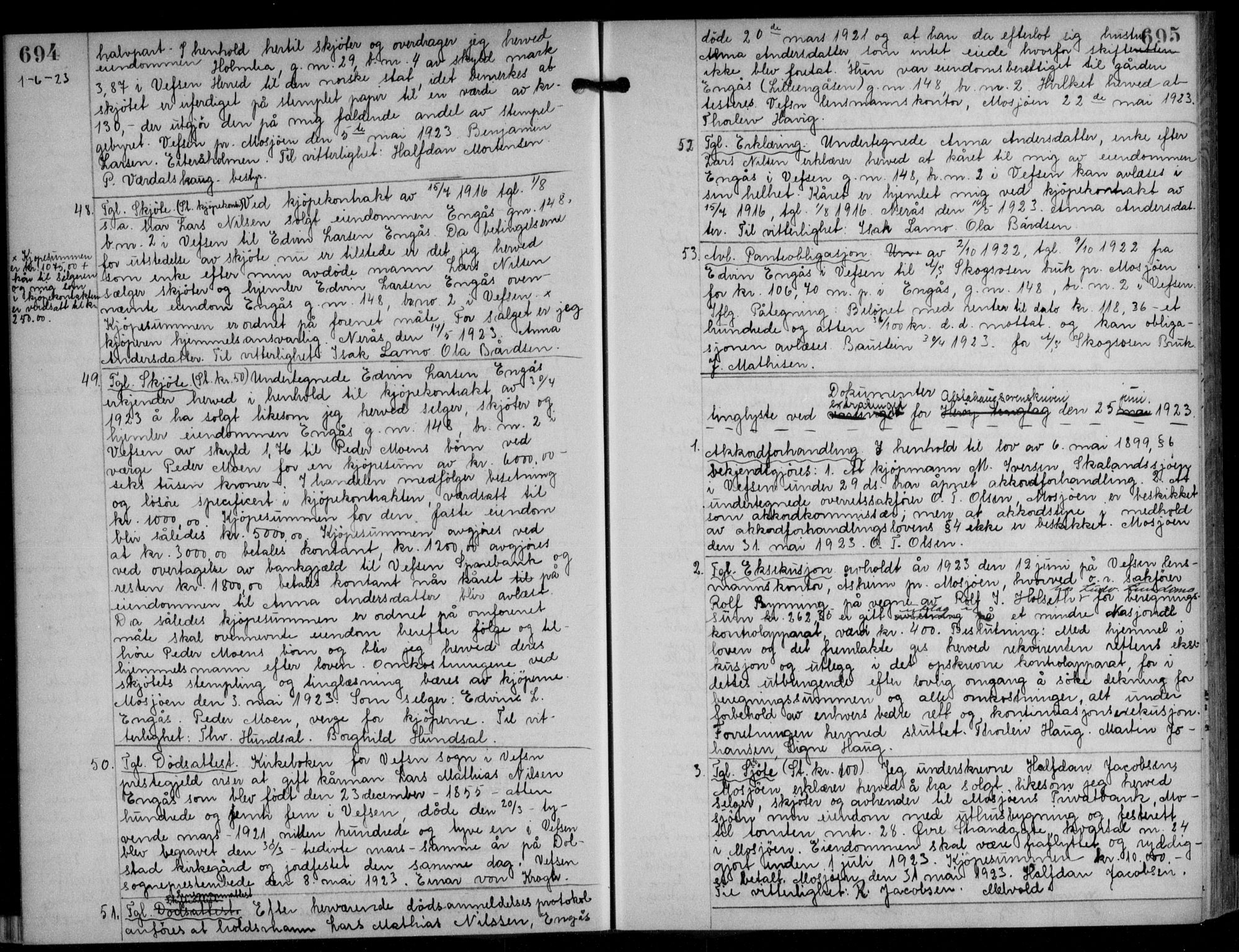 Søndre Helgeland sorenskriveri, SAT/A-4575/1/2/2C/L0022: Pantebok nr. 33, 1921-1925, s. 694-695, Tingl.dato: 25.06.1923