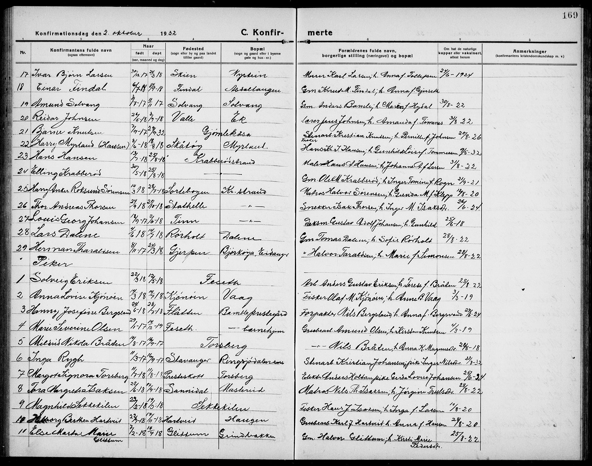 Bamble kirkebøker, AV/SAKO-A-253/G/Ga/L0011: Klokkerbok nr. I 11, 1920-1935, s. 169