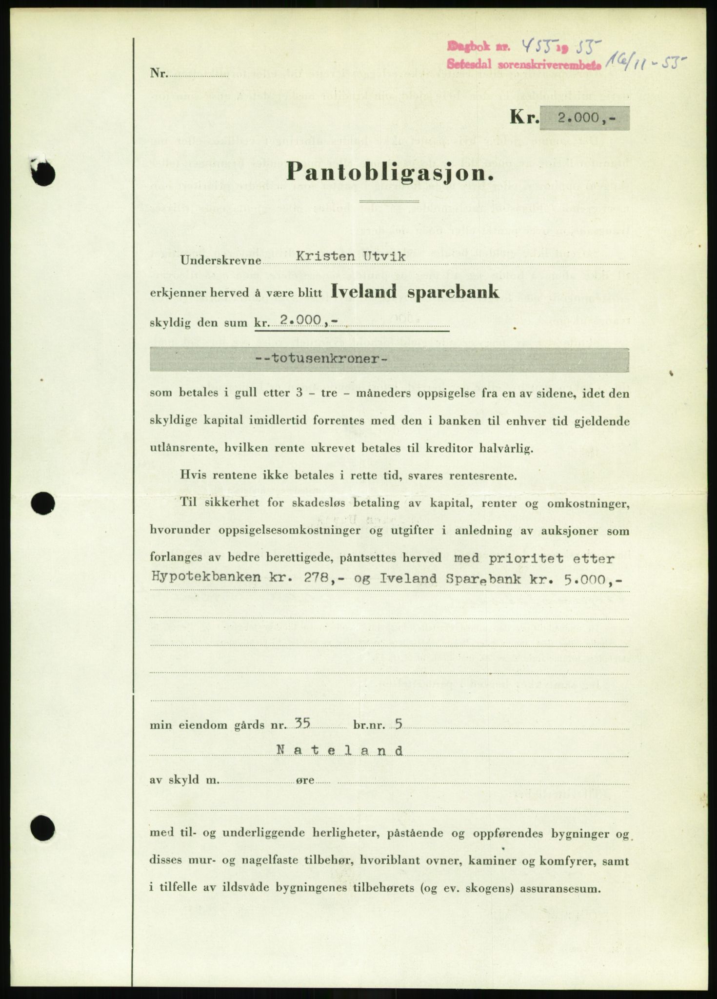 Setesdal sorenskriveri, SAK/1221-0011/G/Gb/L0052: Pantebok nr. B 40, 1954-1955, Dagboknr: 455/1955