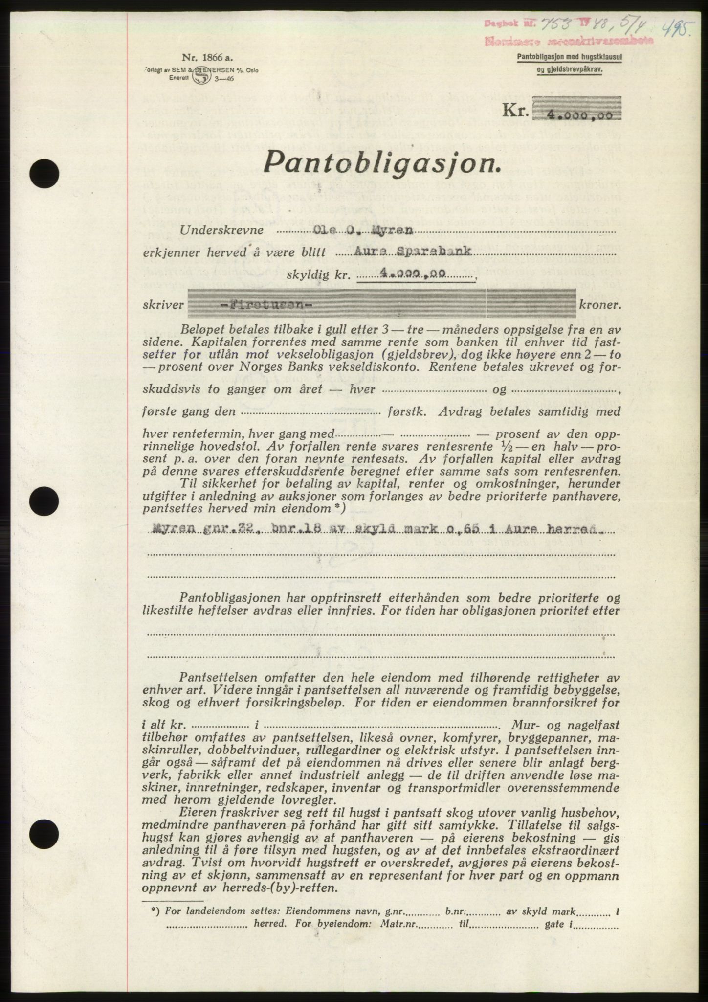 Nordmøre sorenskriveri, AV/SAT-A-4132/1/2/2Ca: Pantebok nr. B98, 1948-1948, Dagboknr: 753/1948