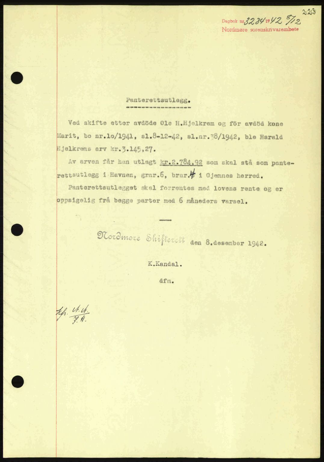 Nordmøre sorenskriveri, SAT/A-4132/1/2/2Ca: Pantebok nr. B90, 1942-1943, Dagboknr: 3234/1942