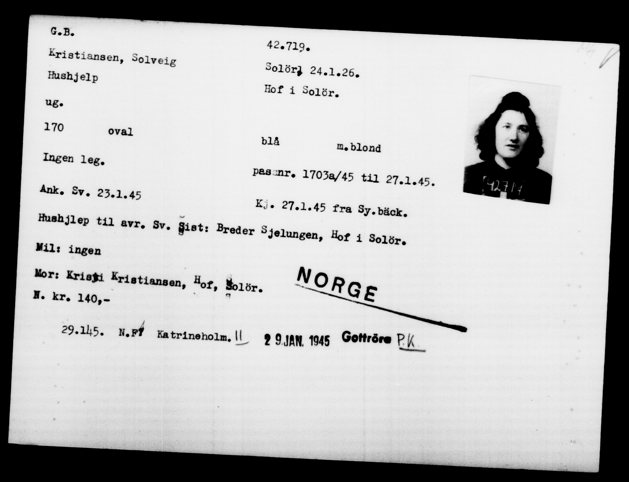 Utenriksstasjonene, Legasjonen i Stockholm, Flyktningkontoret, AV/RA-S-6753/V/Va/L0016: Kjesäterkartoteket, flyktninger med registreringsnr. 40700-43479, 1940-1945, s. 2092