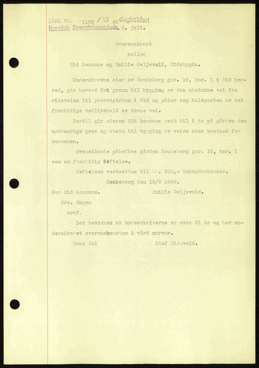 Romsdal sorenskriveri, SAT/A-4149/1/2/2C: Pantebok nr. A14, 1943-1943, Dagboknr: 1189/1943