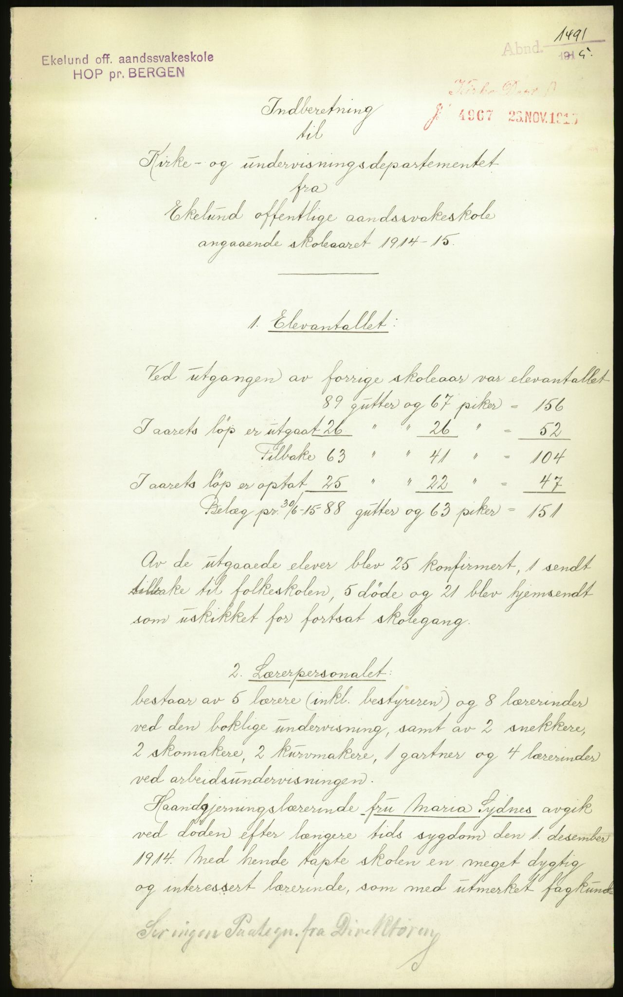 Kirke- og undervisningsdepartementet, 1. skolekontor D, AV/RA-S-1021/F/Fh/Fhr/L0098: Eikelund off. skole for evneveike, 1897-1947, s. 1214