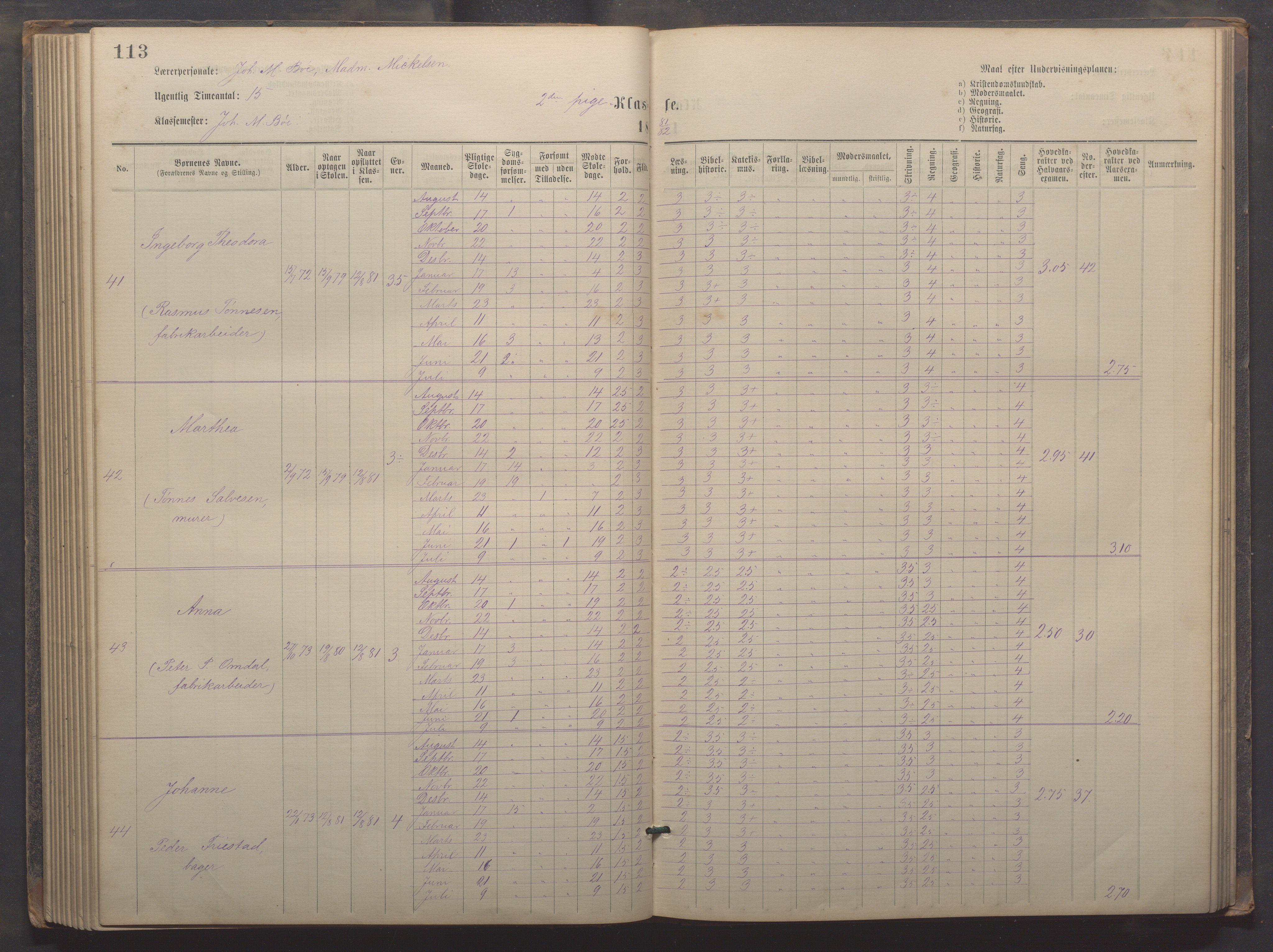 Egersund kommune (Ladested) - Egersund almueskole/folkeskole, IKAR/K-100521/H/L0019: Skoleprotokoll - Almueskolen, 1./2. klasse, 1878-1886, s. 113