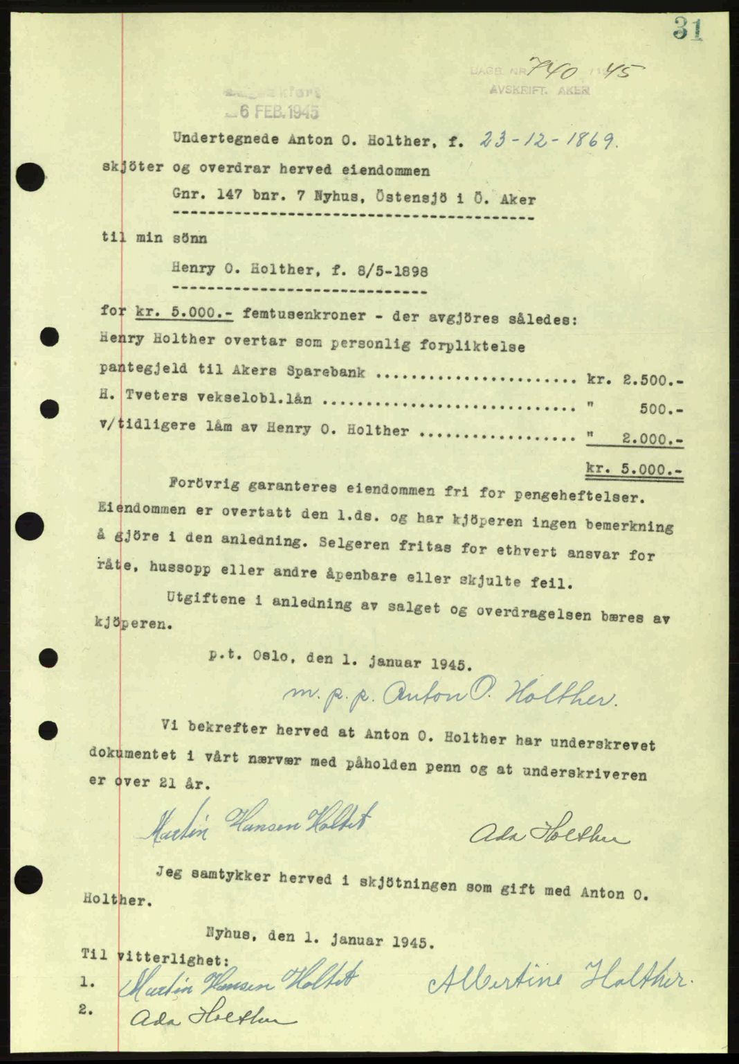 Aker herredsskriveri, SAO/A-10896/G/Gb/Gba/Gbab/L0063: Pantebok nr. A184-185, 1944-1945, Dagboknr: 740/1945