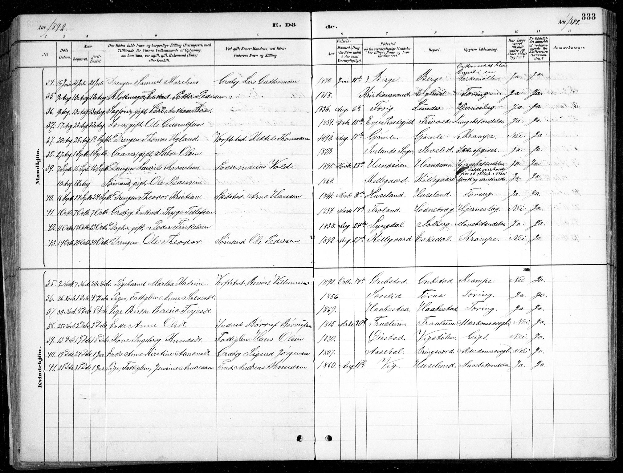 Fjære sokneprestkontor, AV/SAK-1111-0011/F/Fb/L0011: Klokkerbok nr. B 11, 1881-1905, s. 333