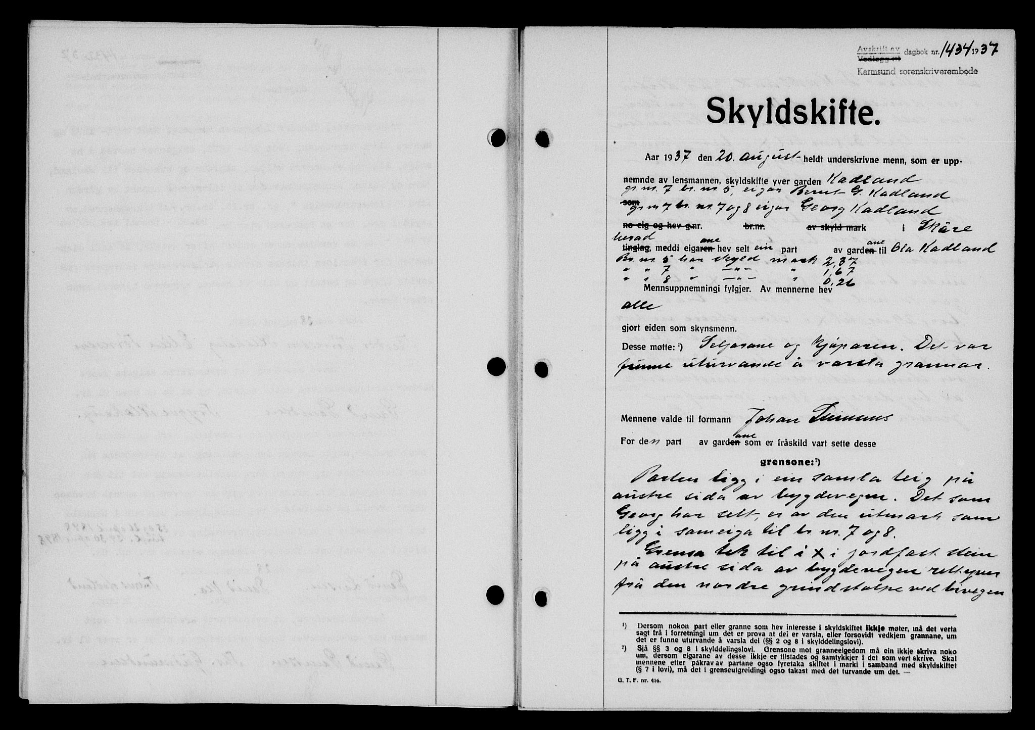 Karmsund sorenskriveri, SAST/A-100311/01/II/IIB/L0068: Pantebok nr. 49A, 1937-1937, Dagboknr: 1434/1937