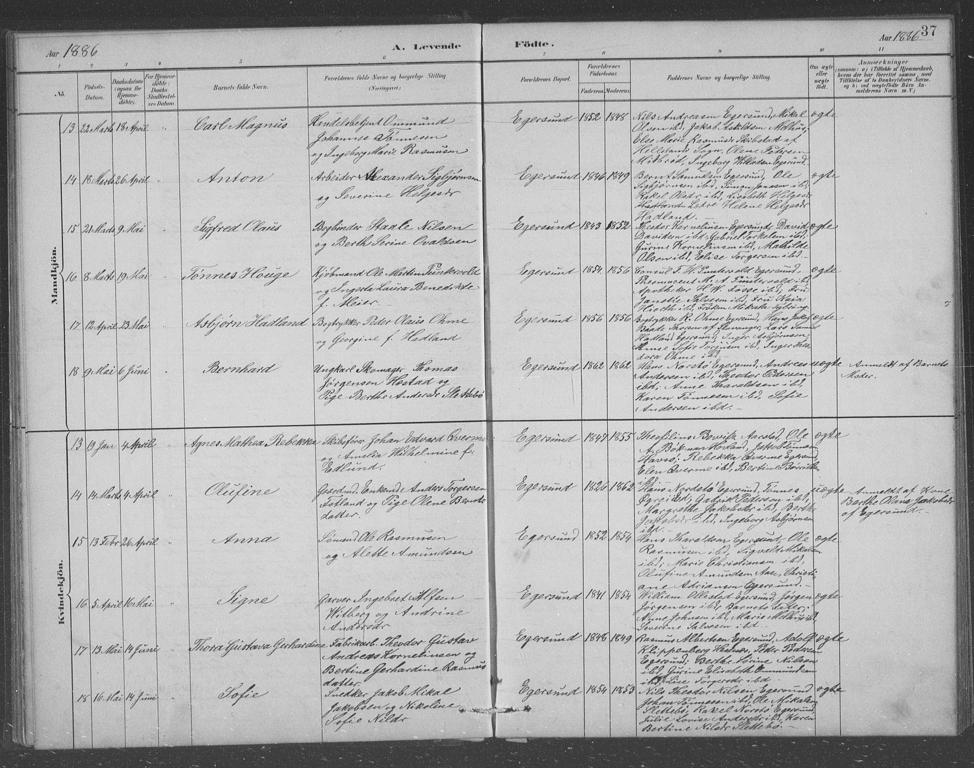 Eigersund sokneprestkontor, AV/SAST-A-101807/S09/L0008: Klokkerbok nr. B 8, 1882-1892, s. 37