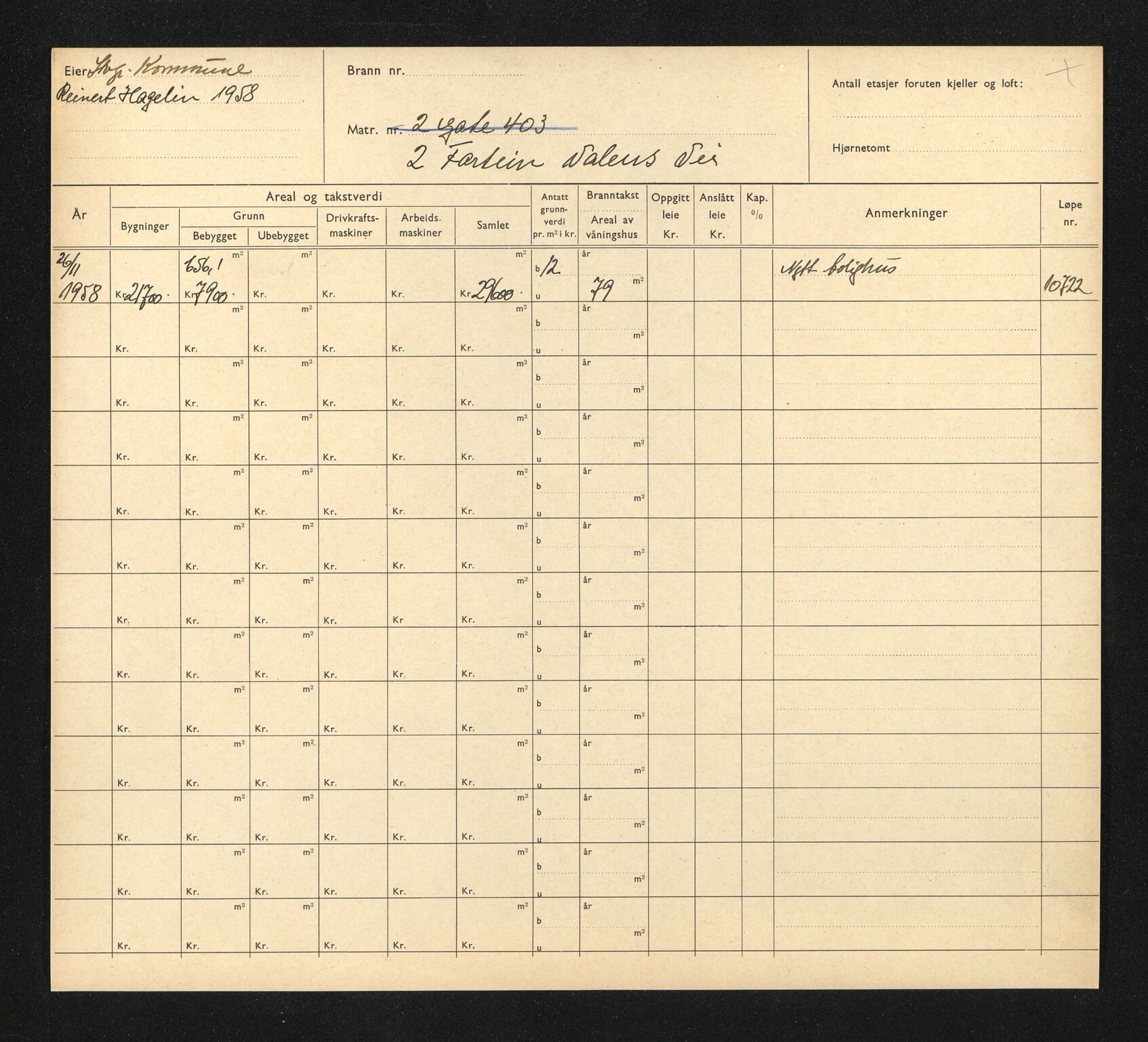 Stavanger kommune. Skattetakstvesenet, BYST/A-0440/F/Fa/Faa/L0013/0005: Skattetakstkort / Fartein Valens vei 2 -  Feisteinveien 12