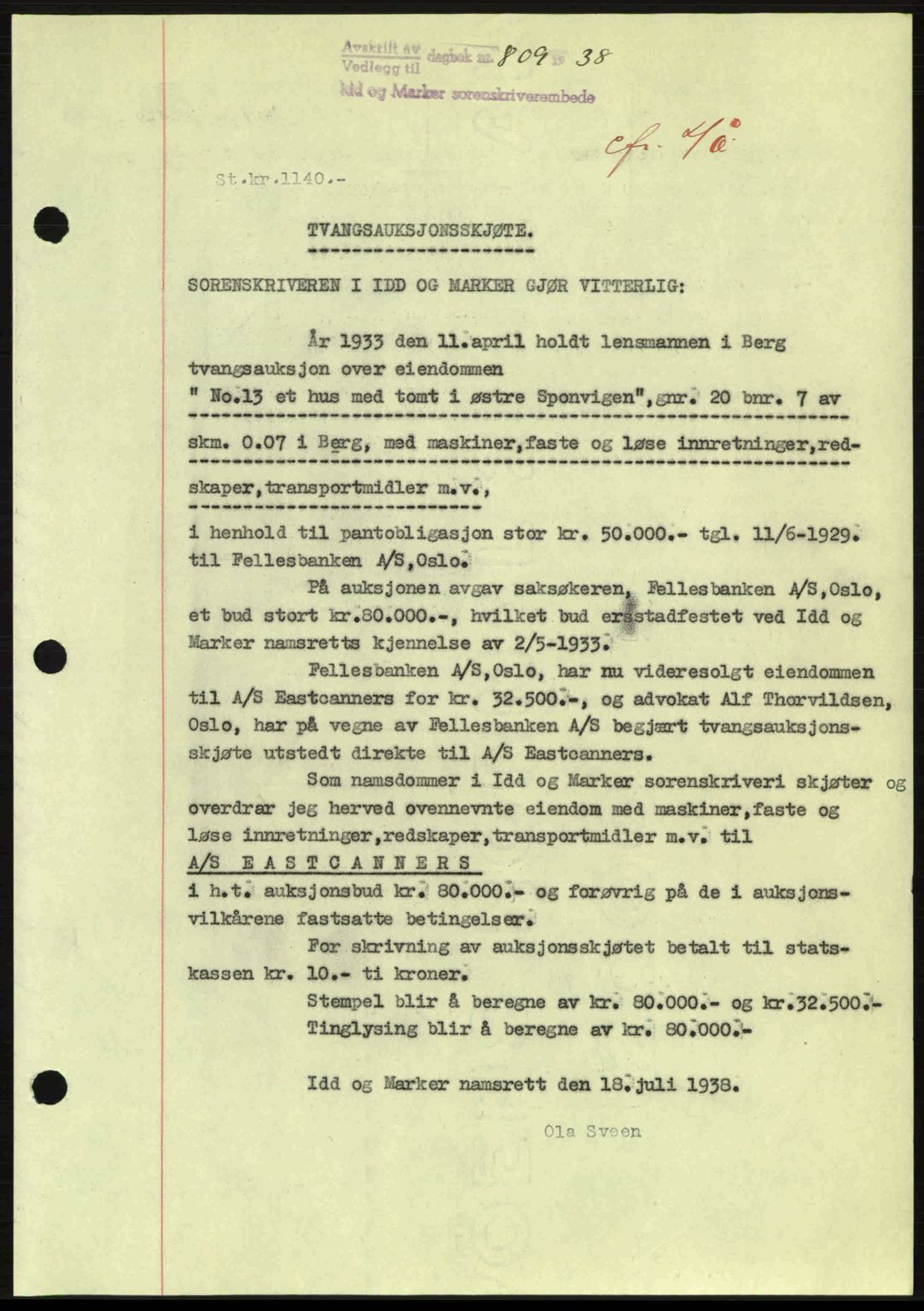 Idd og Marker sorenskriveri, AV/SAO-A-10283/G/Gb/Gbb/L0002: Pantebok nr. A2, 1937-1938, Dagboknr: 809/1938