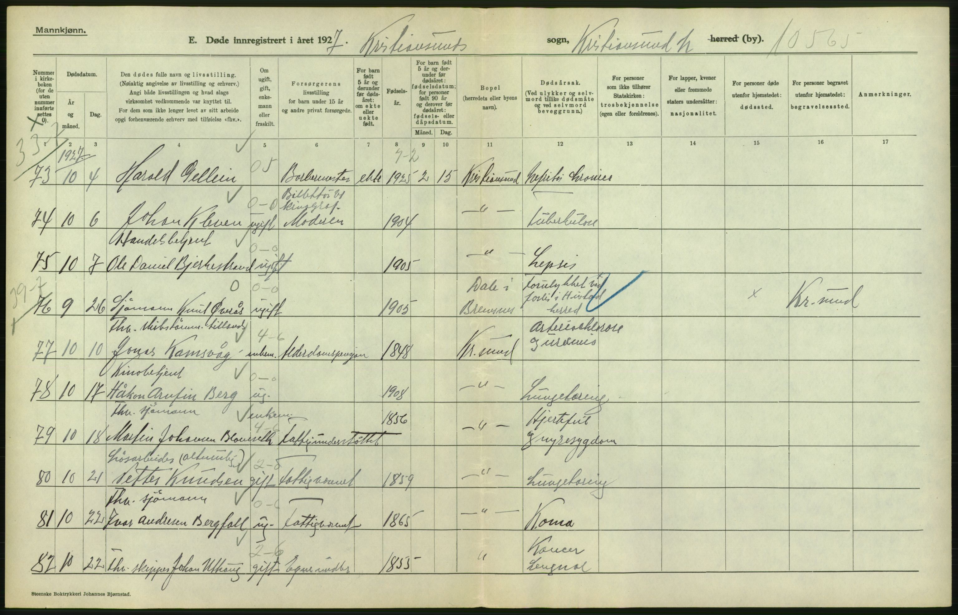 Statistisk sentralbyrå, Sosiodemografiske emner, Befolkning, AV/RA-S-2228/D/Df/Dfc/Dfcg/L0034: Møre fylke: Døde. Bygder og byer., 1927, s. 66