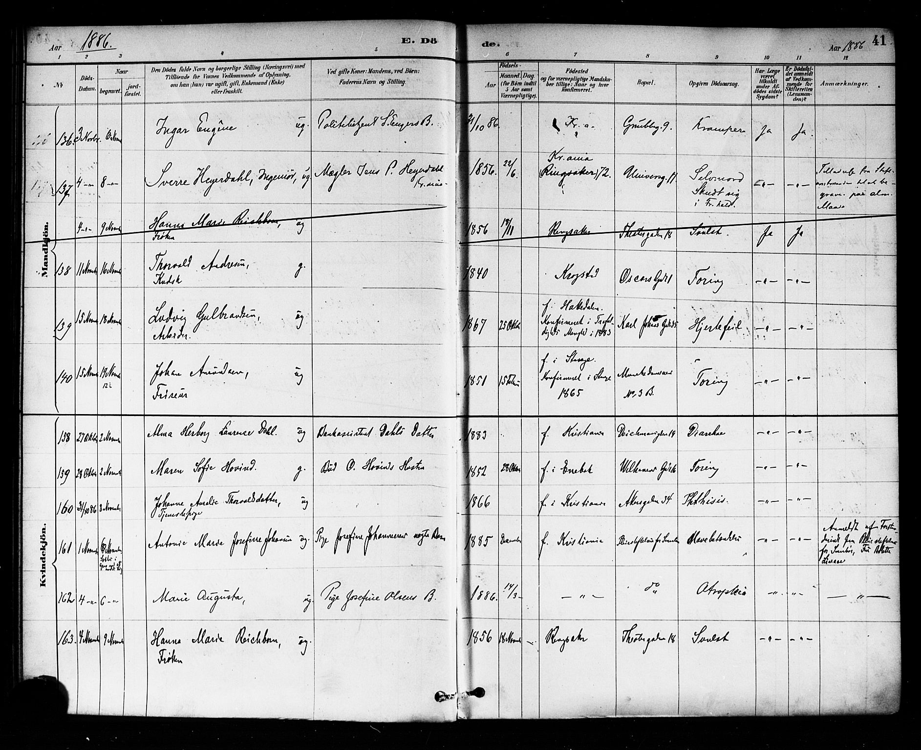 Trefoldighet prestekontor Kirkebøker, AV/SAO-A-10882/F/Fd/L0003: Ministerialbok nr. IV 3, 1885-1896, s. 41