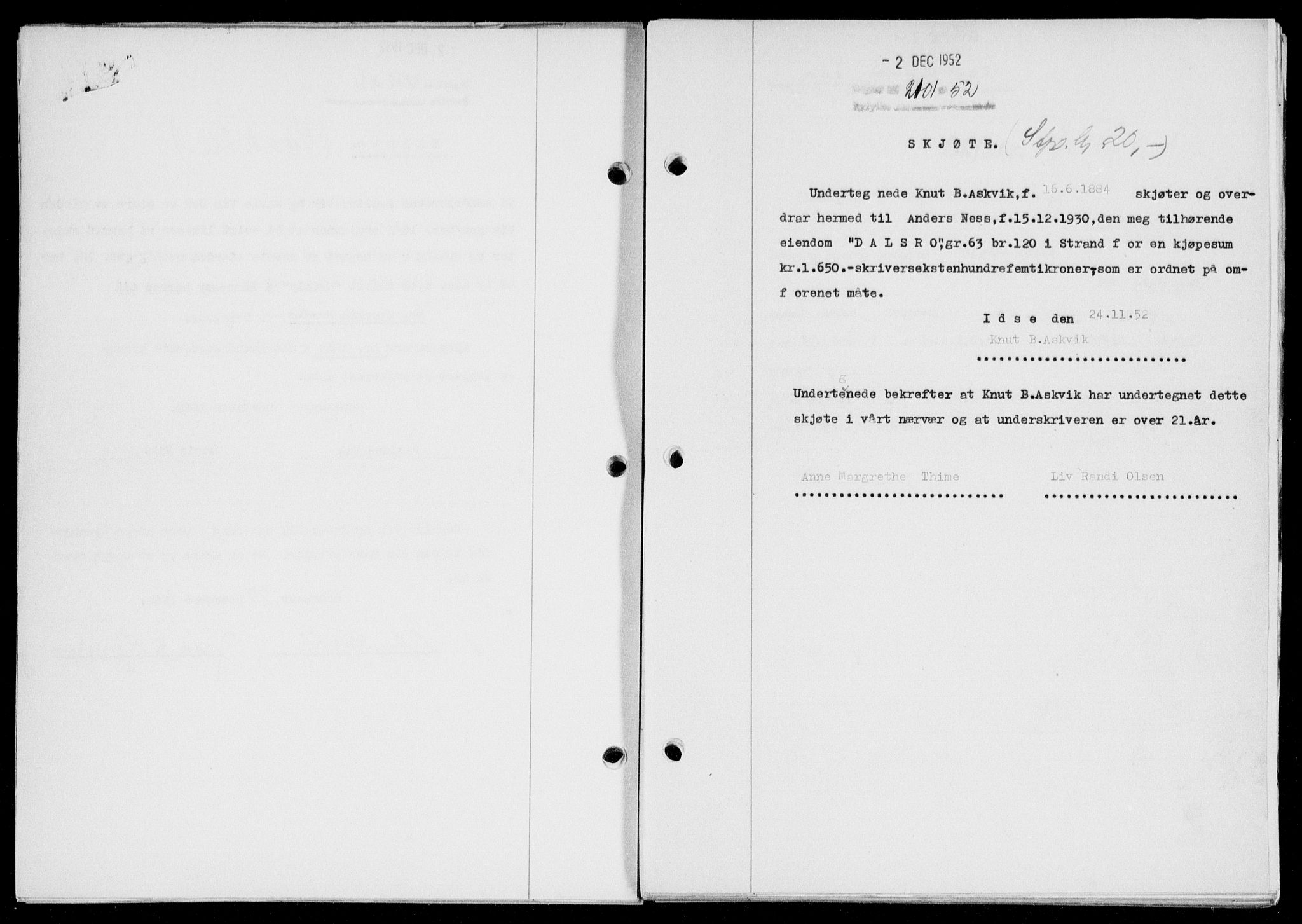 Ryfylke tingrett, SAST/A-100055/001/II/IIB/L0120: Pantebok nr. 99, 1952-1953, Dagboknr: 2101/1952