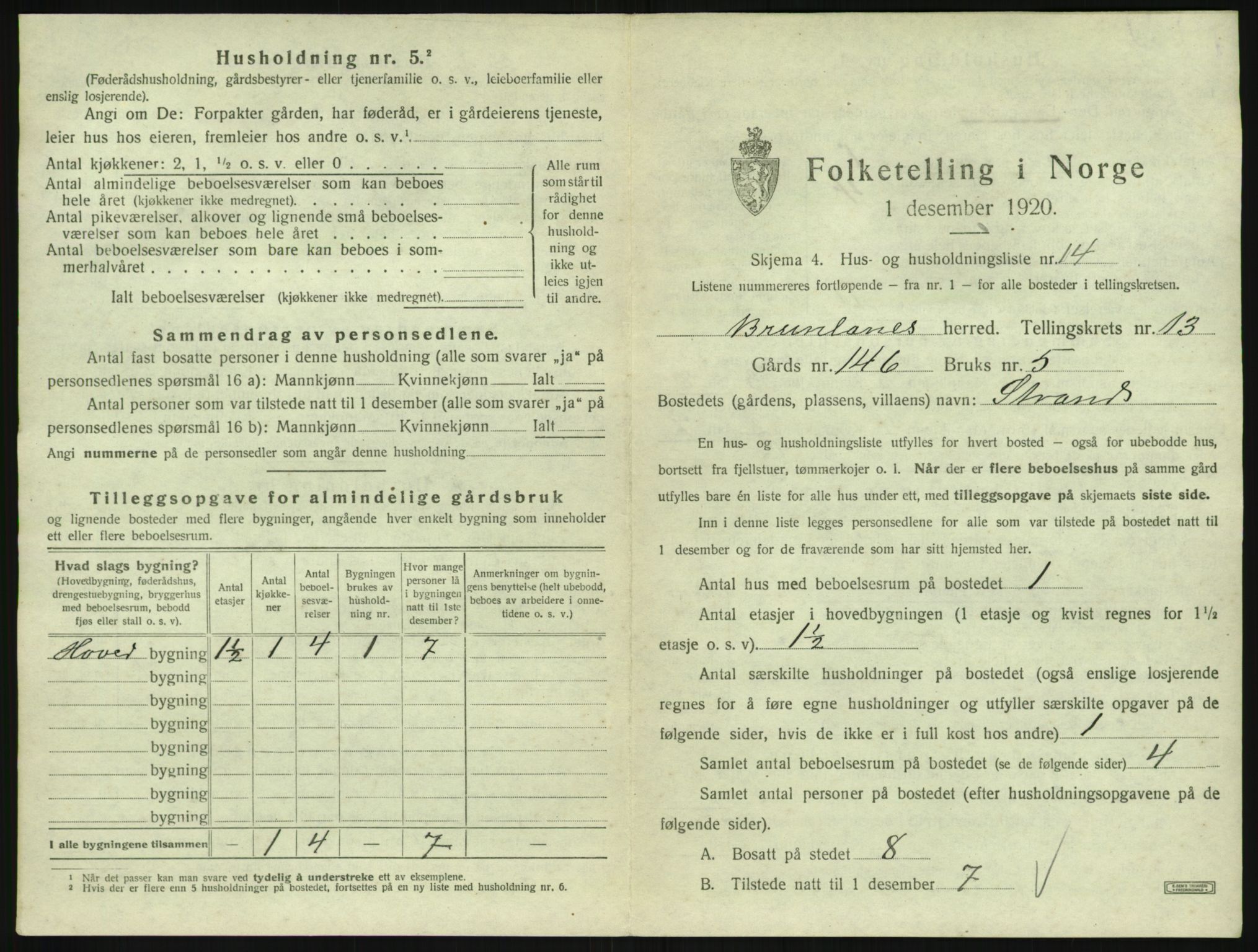 SAKO, Folketelling 1920 for 0726 Brunlanes herred, 1920, s. 1775