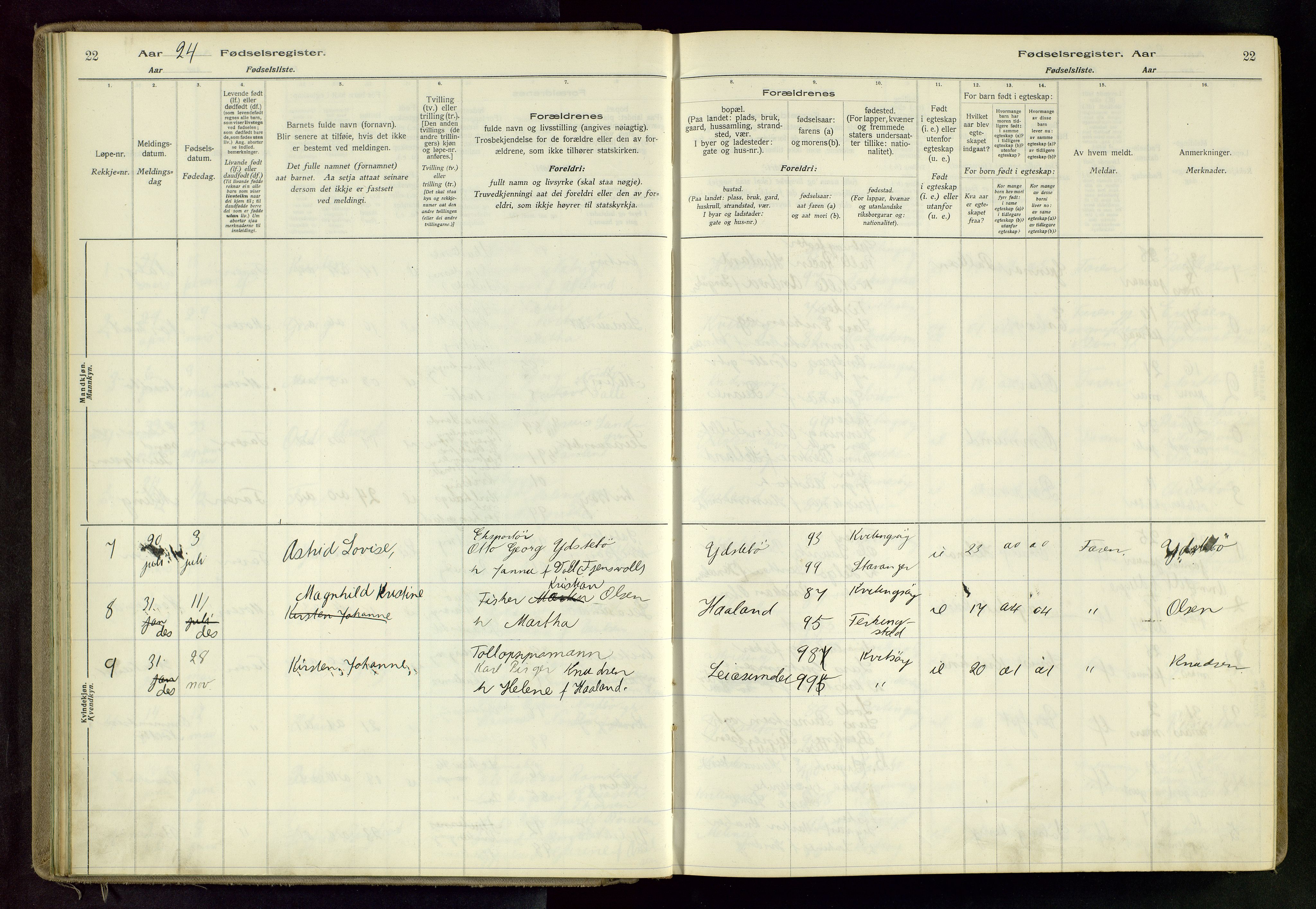 Randaberg sokneprestkontor, AV/SAST-A-101798/001/A/L0004: Fødselsregister nr. 4, 1916-1982, s. 22