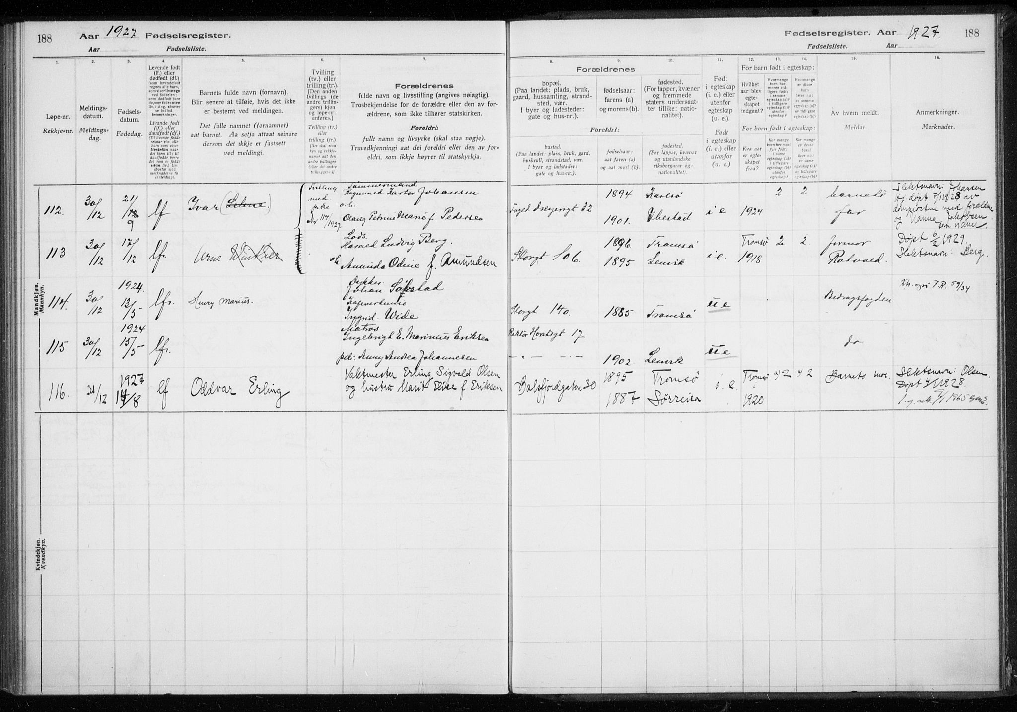 Tromsø sokneprestkontor/stiftsprosti/domprosti, AV/SATØ-S-1343/H/Ha/L0132: Fødselsregister nr. 132, 1921-1927, s. 188