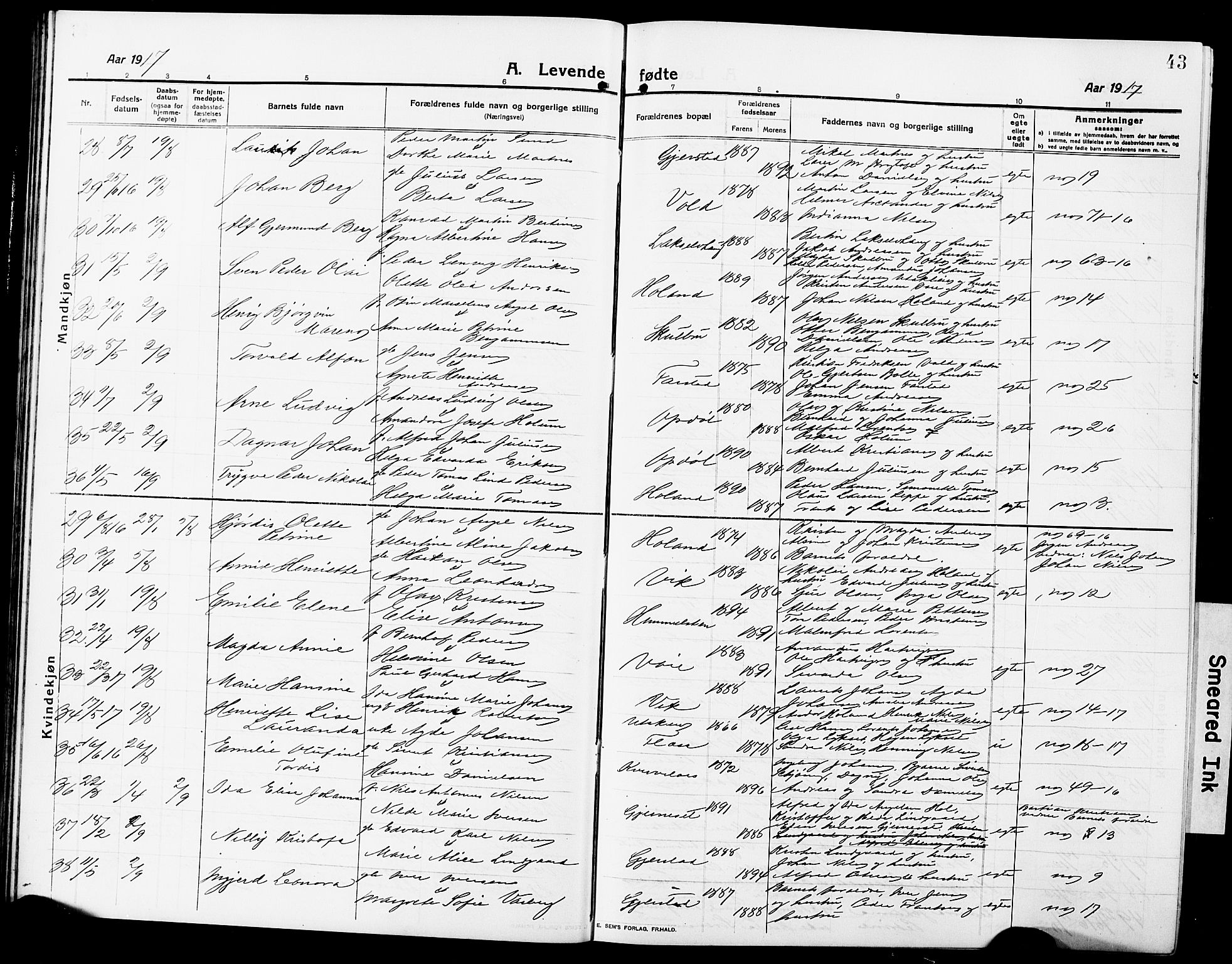Ministerialprotokoller, klokkerbøker og fødselsregistre - Nordland, AV/SAT-A-1459/881/L1169: Klokkerbok nr. 881C06, 1912-1930, s. 43