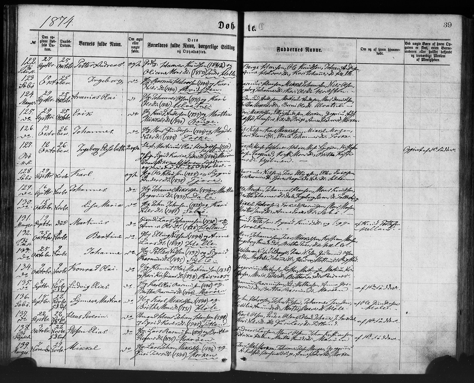 Manger sokneprestembete, AV/SAB-A-76801/H/Haa: Ministerialbok nr. A 8, 1871-1880, s. 39