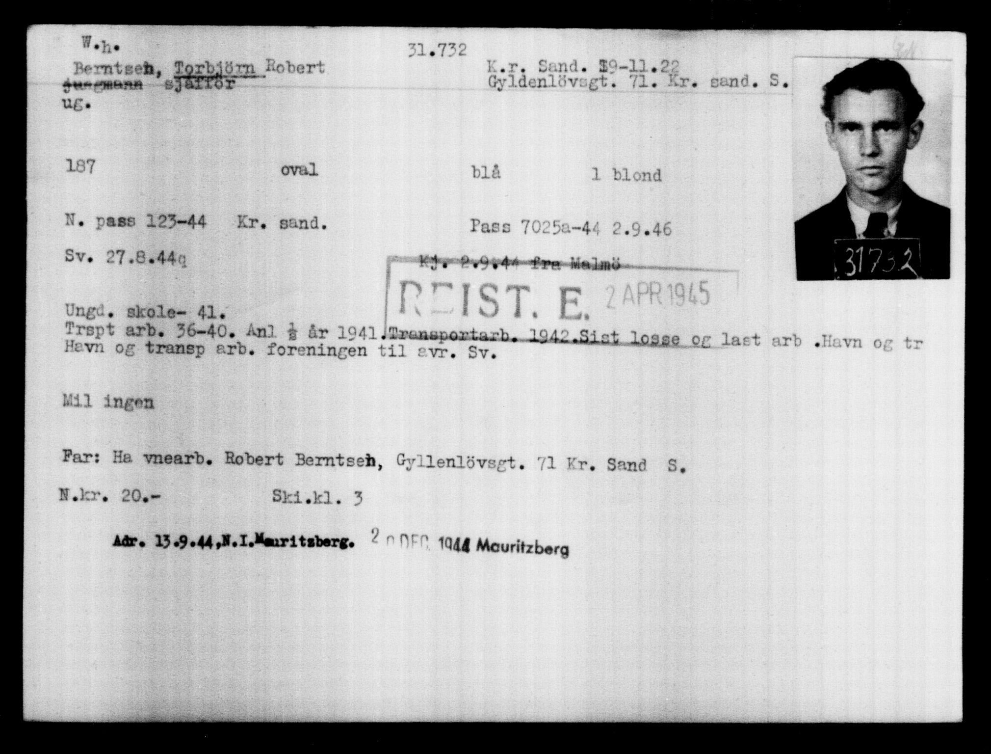 Utenriksstasjonene, Legasjonen i Stockholm, Flyktningkontoret, AV/RA-S-6753/V/Va/L0013: Kjesäterkartoteket, flyktninger med registreringsnr. 31500-34731, 1940-1945, s. 250