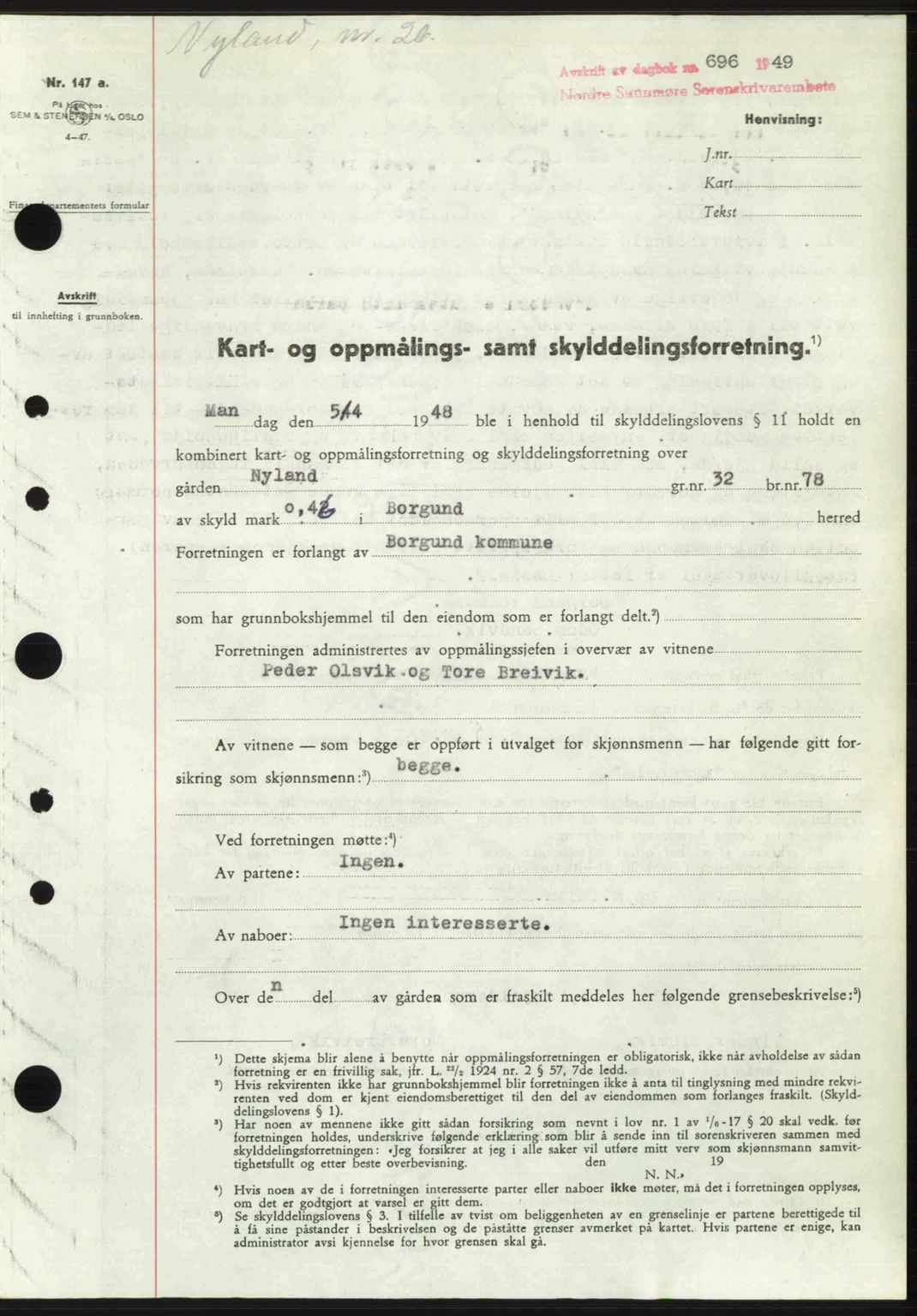 Nordre Sunnmøre sorenskriveri, SAT/A-0006/1/2/2C/2Ca: Pantebok nr. A30, 1949-1949, Dagboknr: 696/1949