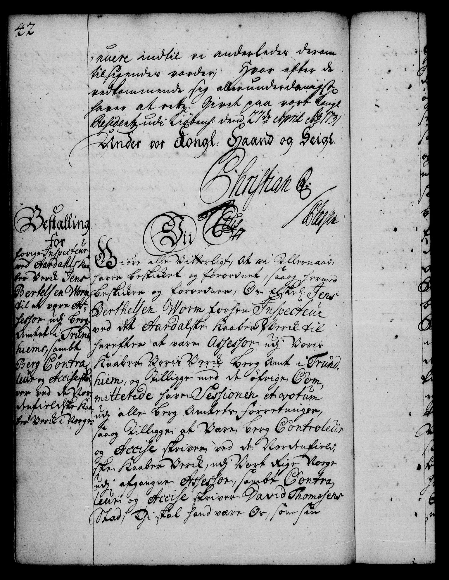 Rentekammeret, Kammerkanselliet, RA/EA-3111/G/Gg/Gge/L0002: Norsk bestallingsprotokoll med register (merket RK 53.26), 1730-1744, s. 42