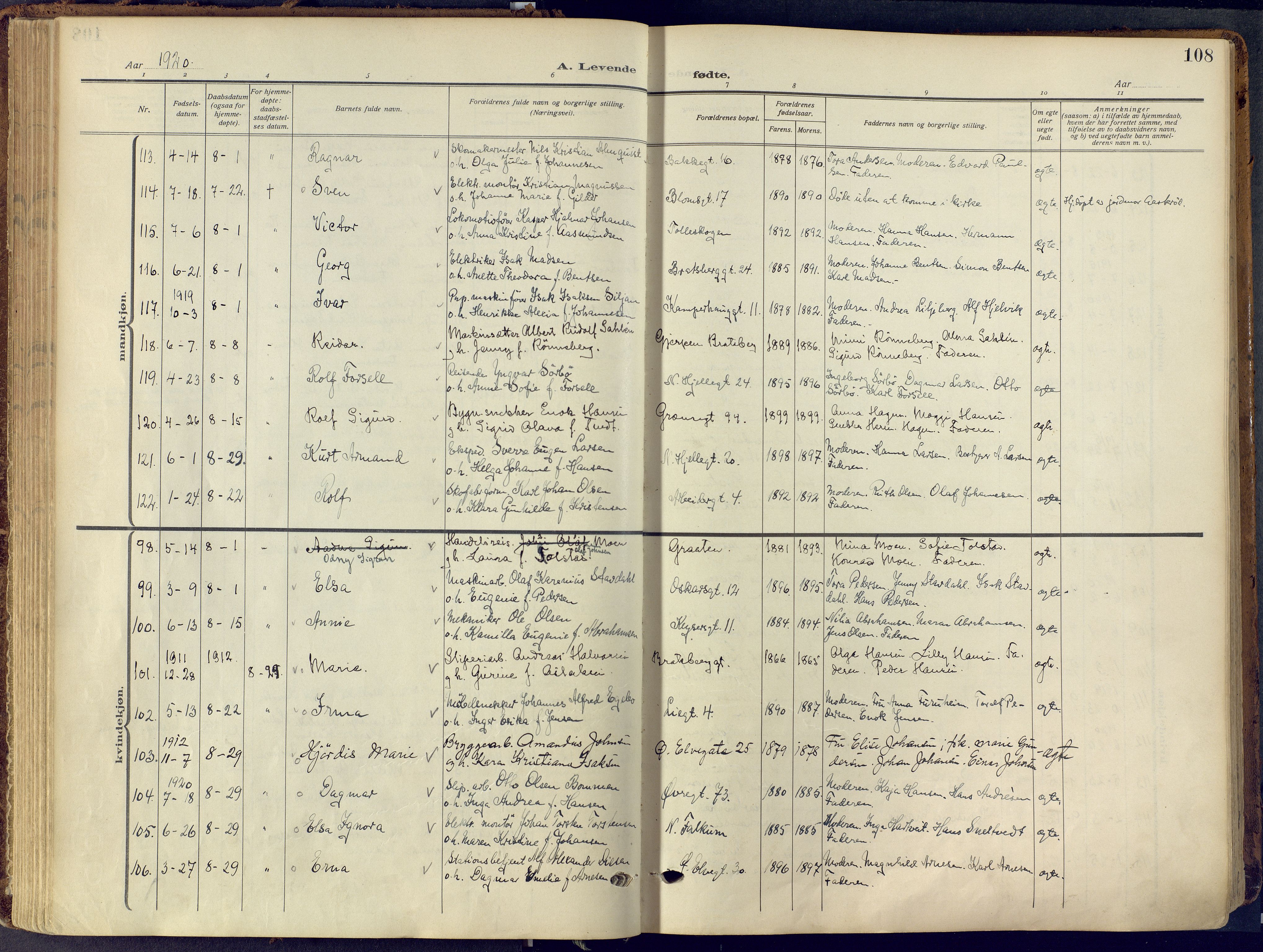 Skien kirkebøker, SAKO/A-302/F/Fa/L0013: Ministerialbok nr. 13, 1915-1921, s. 108