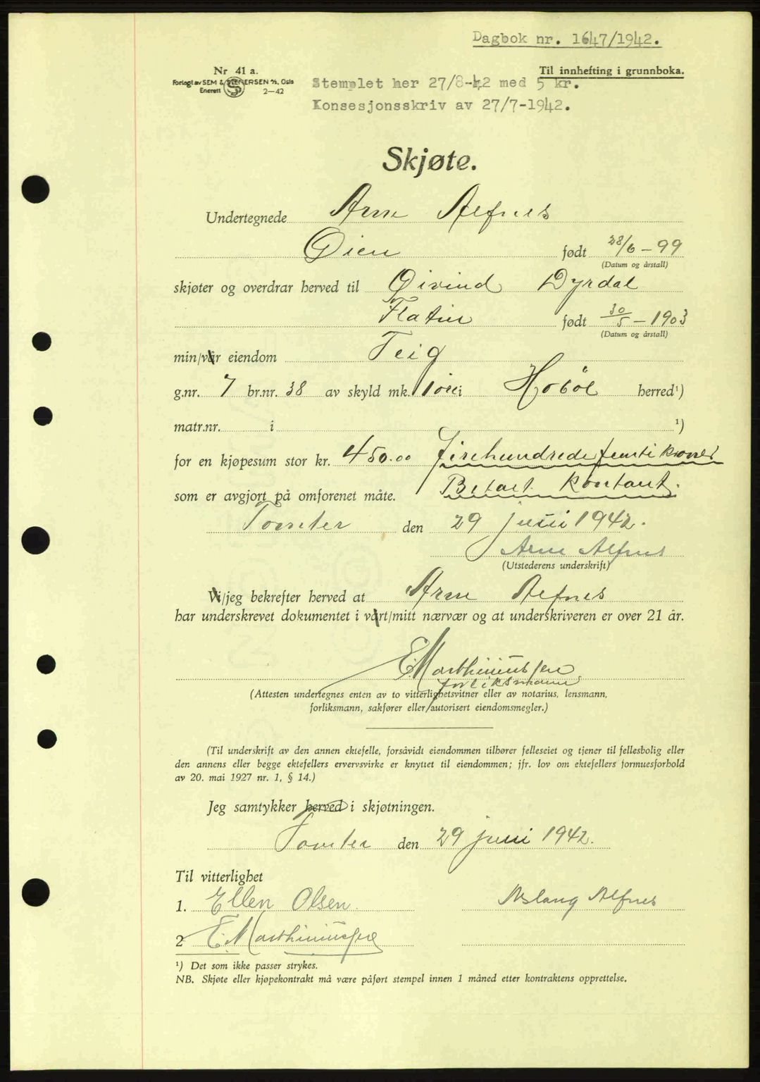 Moss sorenskriveri, SAO/A-10168: Pantebok nr. A10, 1942-1943, Dagboknr: 1647/1942
