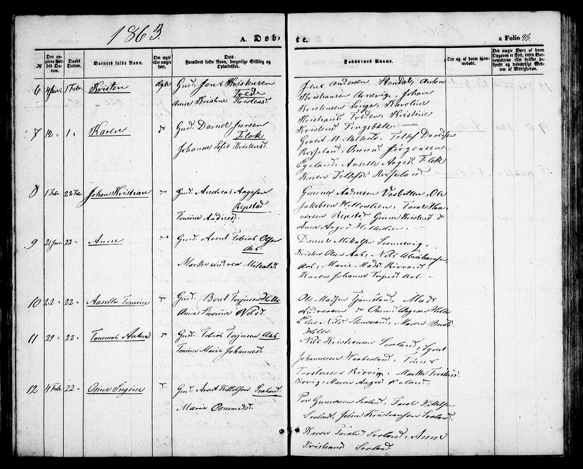 Birkenes sokneprestkontor, AV/SAK-1111-0004/F/Fb/L0002: Klokkerbok nr. B 2, 1849-1876, s. 88