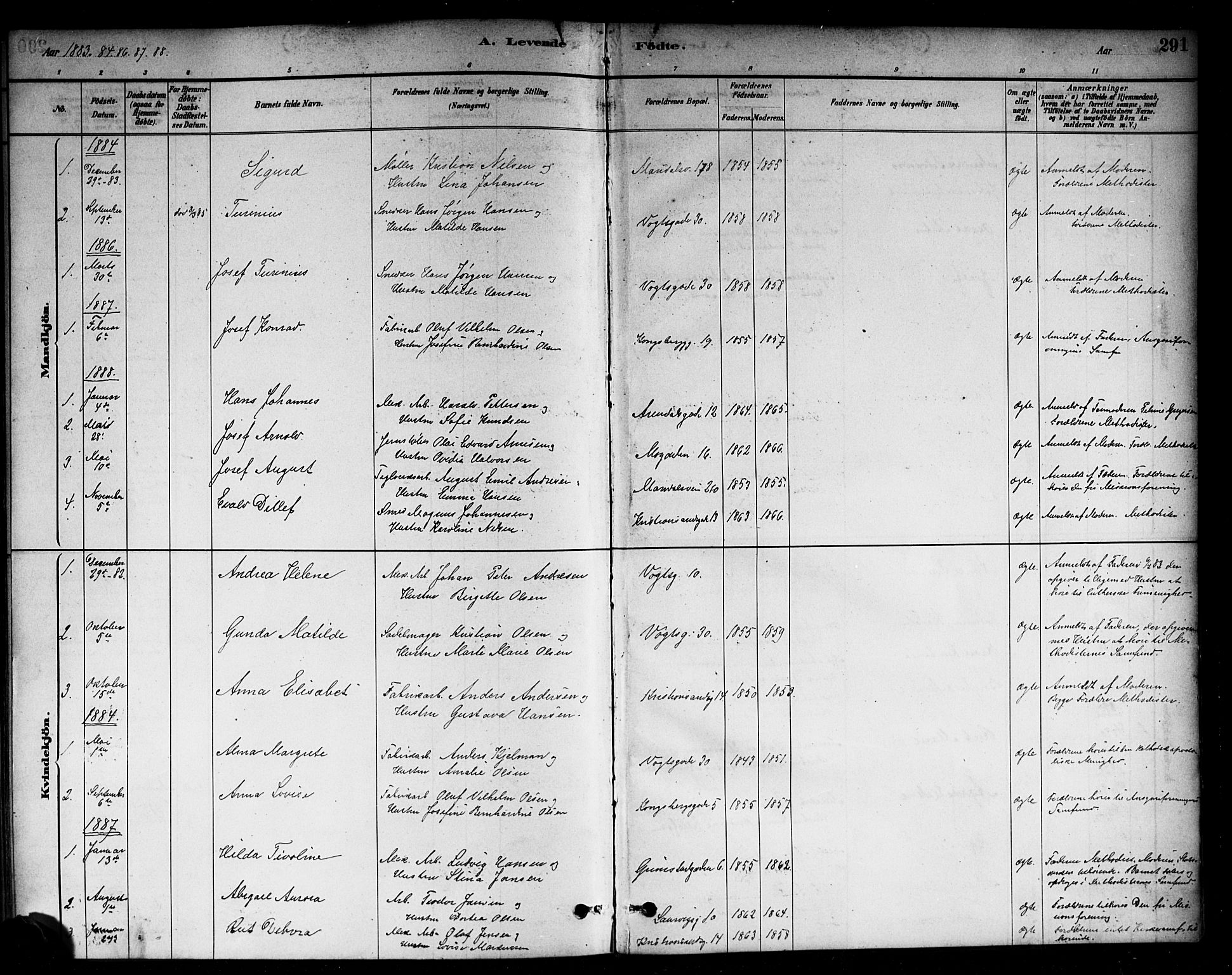 Sagene prestekontor Kirkebøker, AV/SAO-A-10796/G/L0001: Klokkerbok nr. 1, 1880-1891, s. 291