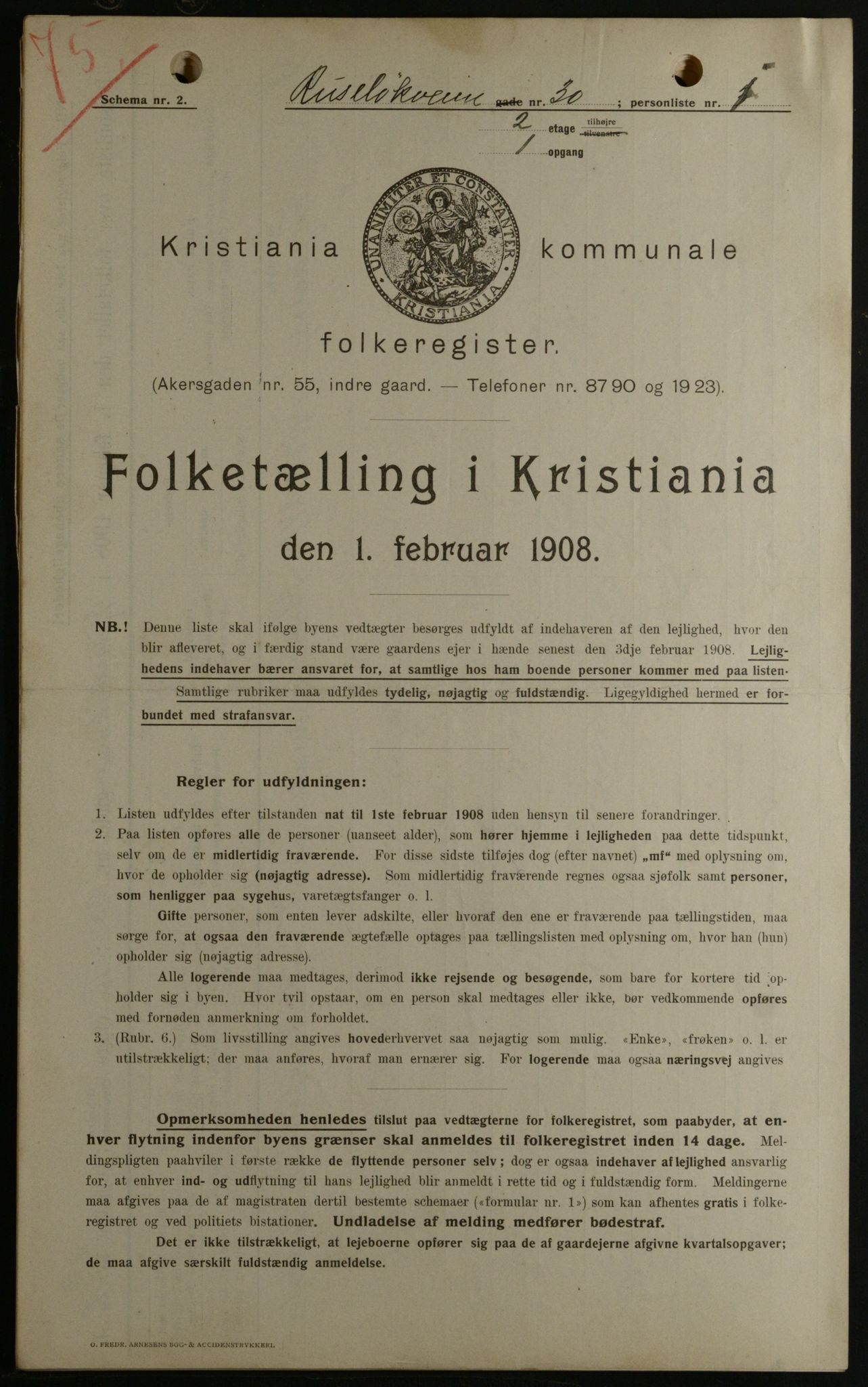 OBA, Kommunal folketelling 1.2.1908 for Kristiania kjøpstad, 1908, s. 76419