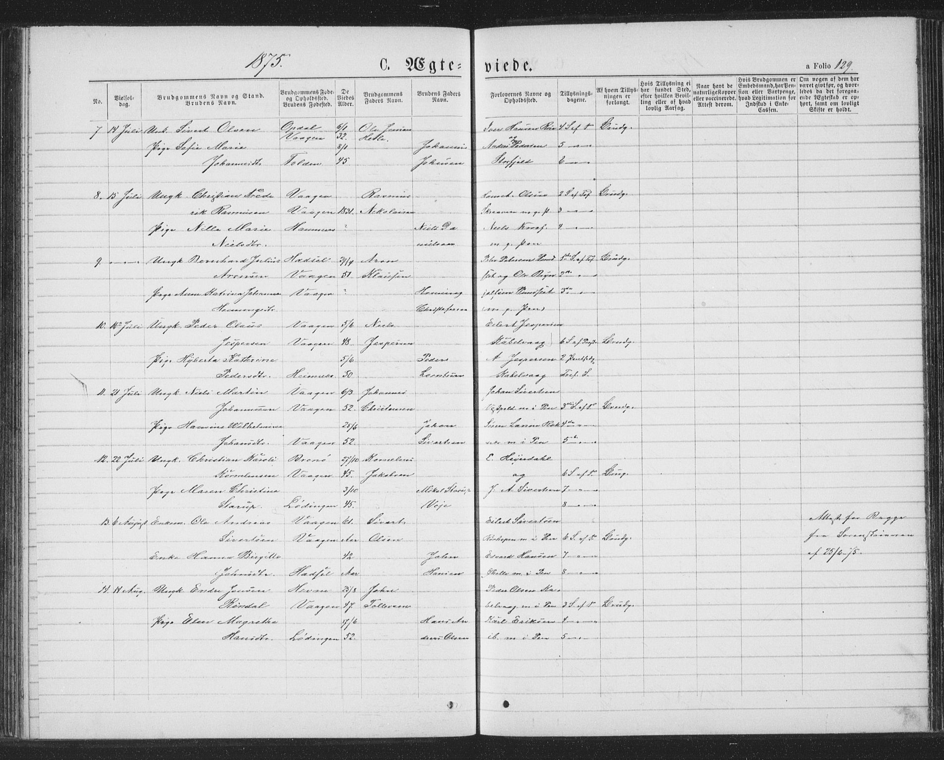 Ministerialprotokoller, klokkerbøker og fødselsregistre - Nordland, AV/SAT-A-1459/874/L1074: Klokkerbok nr. 874C03, 1870-1876, s. 129