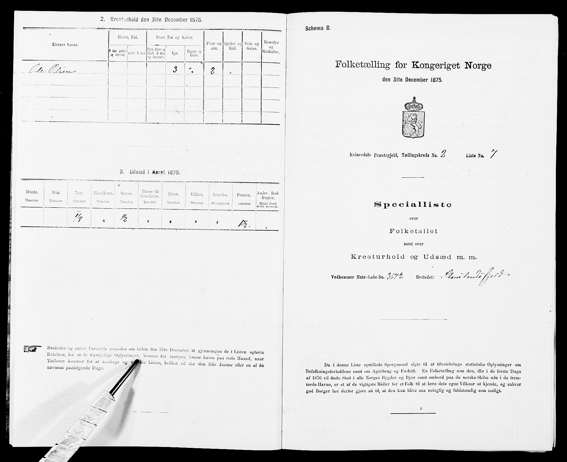 SAK, Folketelling 1875 for 1037P Kvinesdal prestegjeld, 1875, s. 285