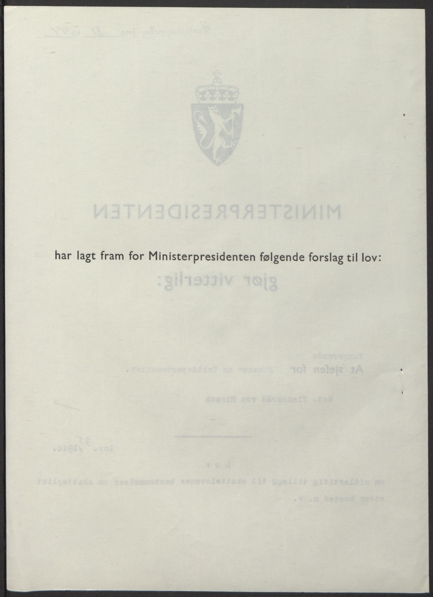 NS-administrasjonen 1940-1945 (Statsrådsekretariatet, de kommisariske statsråder mm), RA/S-4279/D/Db/L0100: Lover, 1944, s. 174