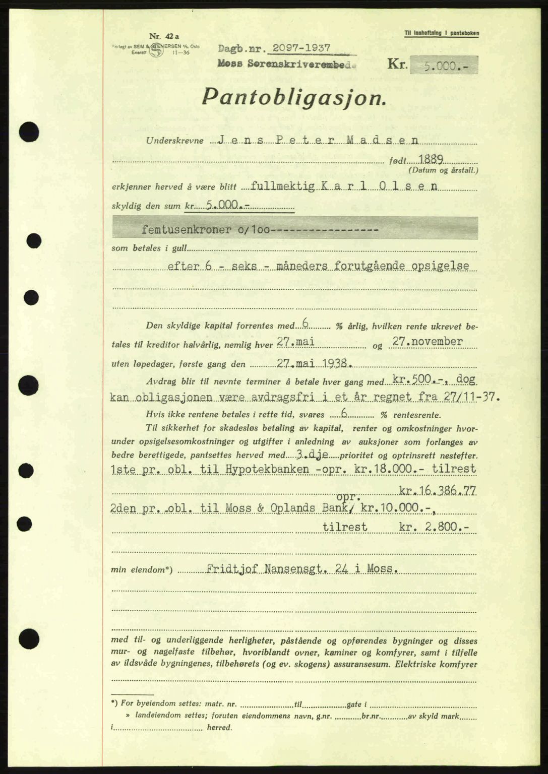 Moss sorenskriveri, SAO/A-10168: Pantebok nr. B4, 1937-1938, Dagboknr: 2097/1937