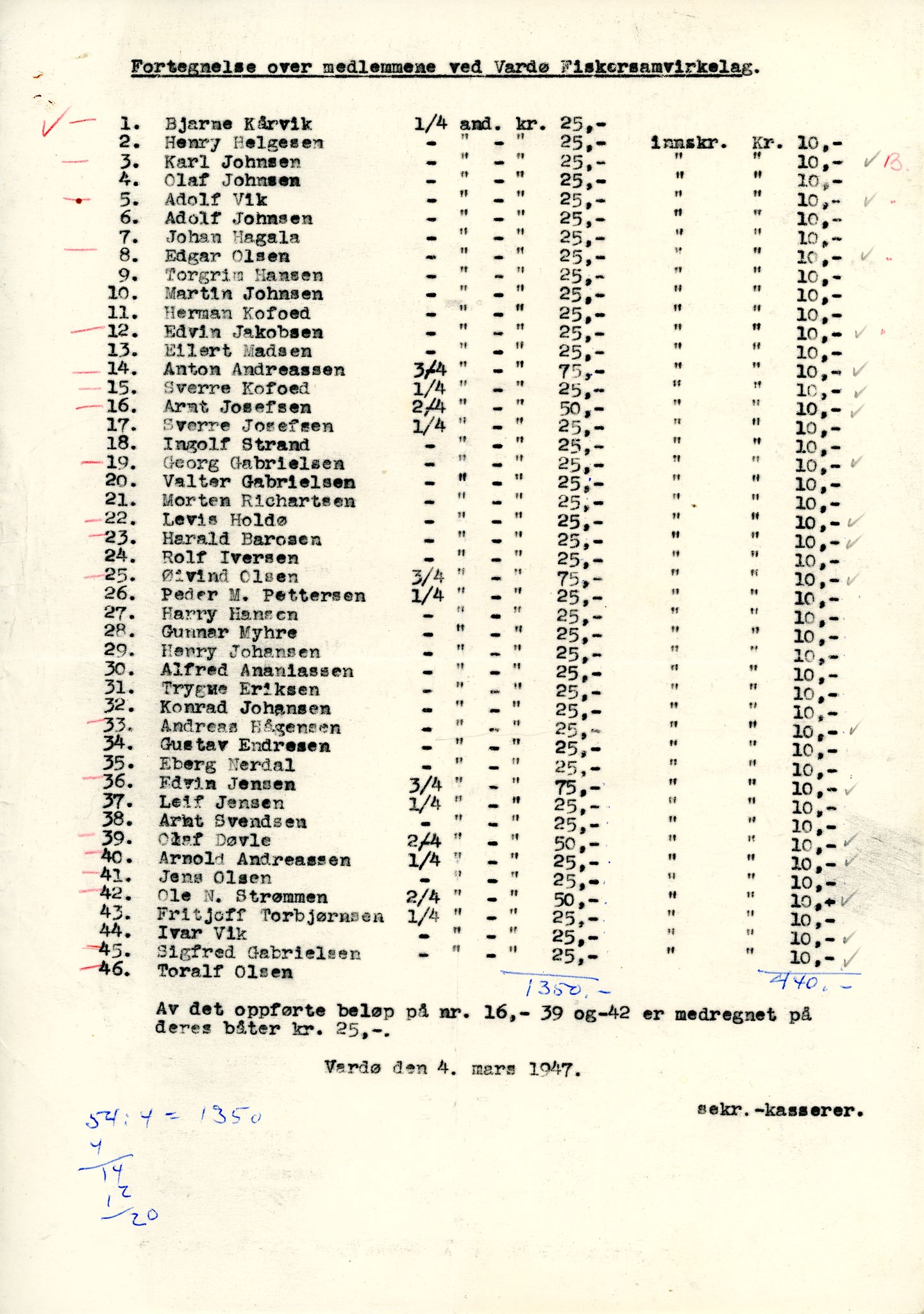 Vardø Fiskersamvirkelag, VAMU/A-0037/D/Da/L0001: Korrespondanse Ab-Eg, 1946-1950