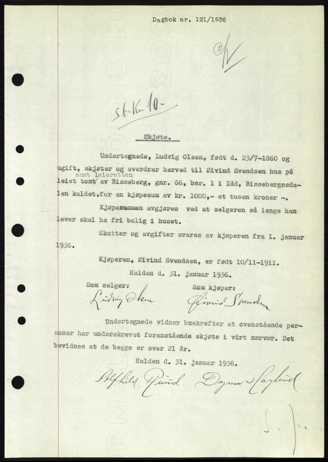 Idd og Marker sorenskriveri, AV/SAO-A-10283/G/Gb/Gbb/L0001: Pantebok nr. A1, 1936-1937, Dagboknr: 121/1936