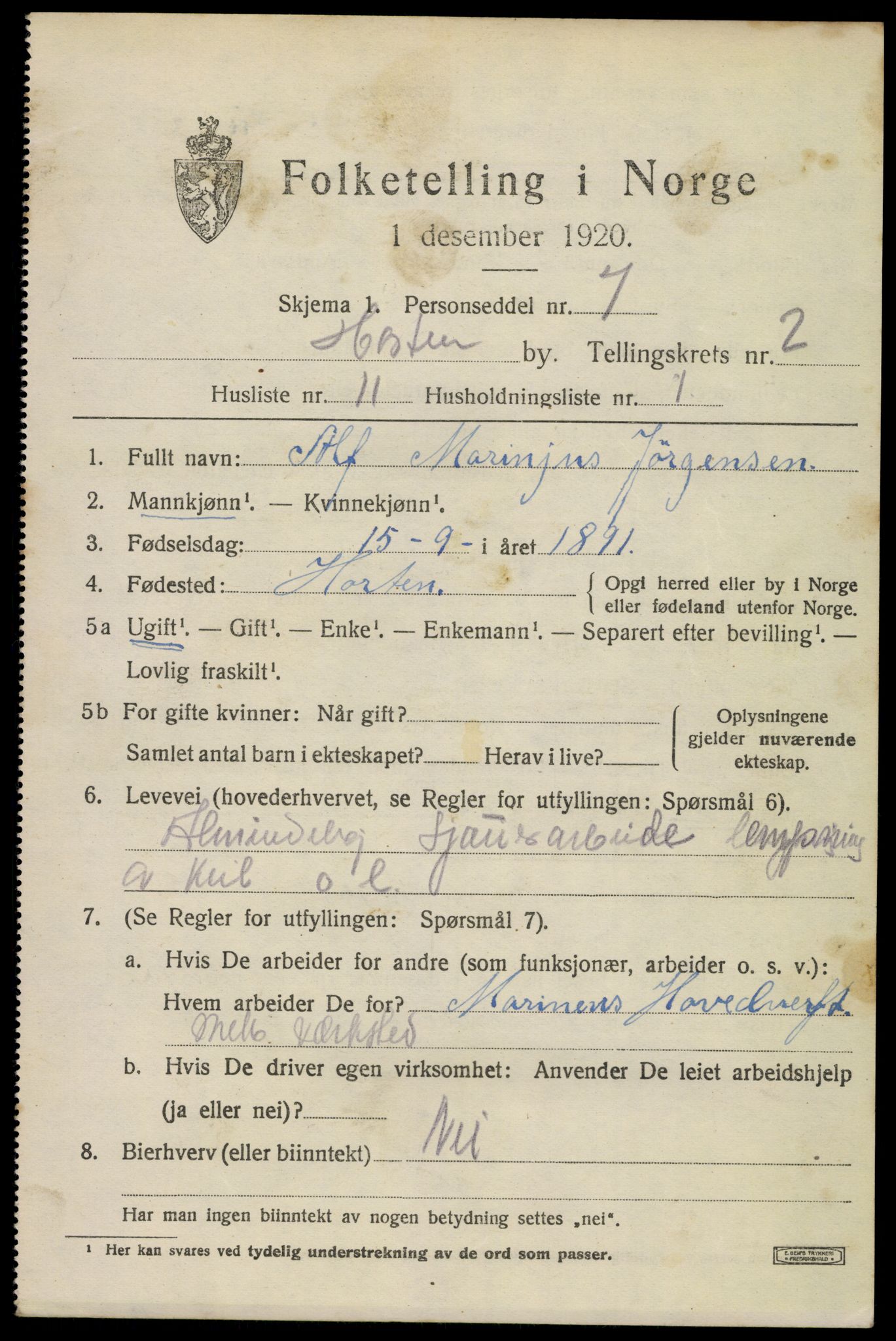 SAKO, Folketelling 1920 for 0703 Horten kjøpstad, 1920, s. 10343