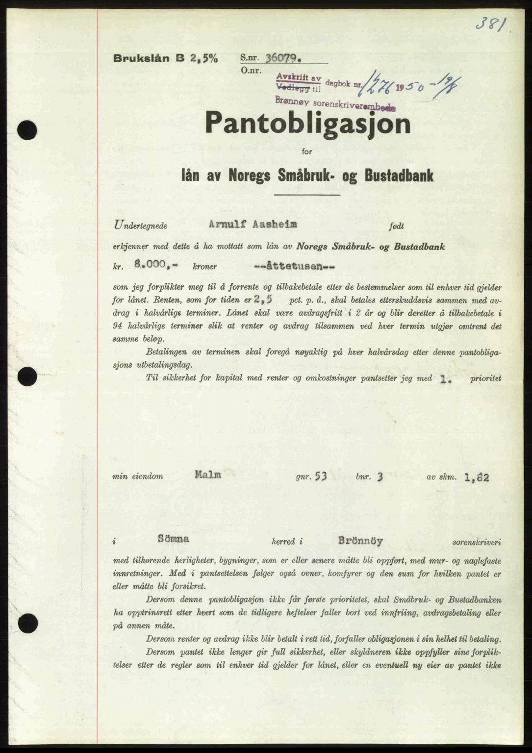 Brønnøy sorenskriveri, SAT/A-4170/1/2/2C: Pantebok nr. 36, 1950-1950, Dagboknr: 1276/1950