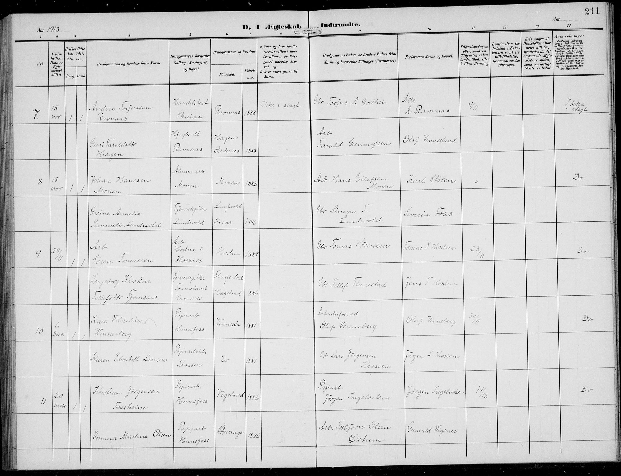 Vennesla sokneprestkontor, AV/SAK-1111-0045/Fb/Fbb/L0005: Klokkerbok nr. B 5, 1903-1913, s. 211