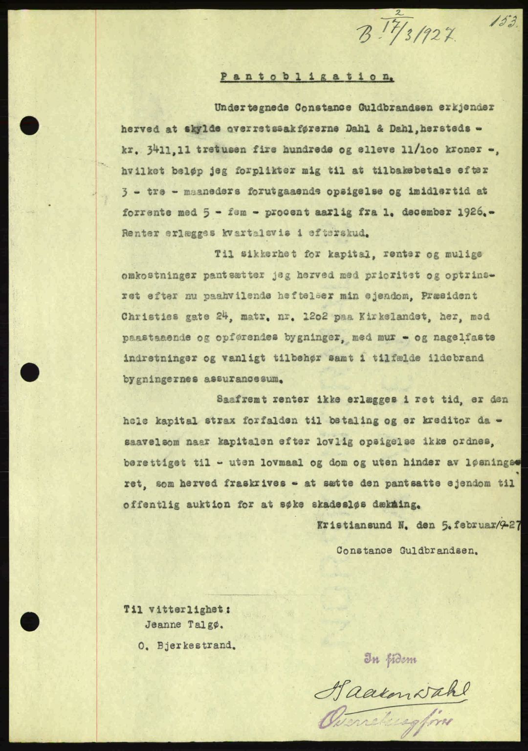 Kristiansund byfogd, AV/SAT-A-4587/A/27: Pantebok nr. 21, 1926-1928, Tingl.dato: 17.03.1927
