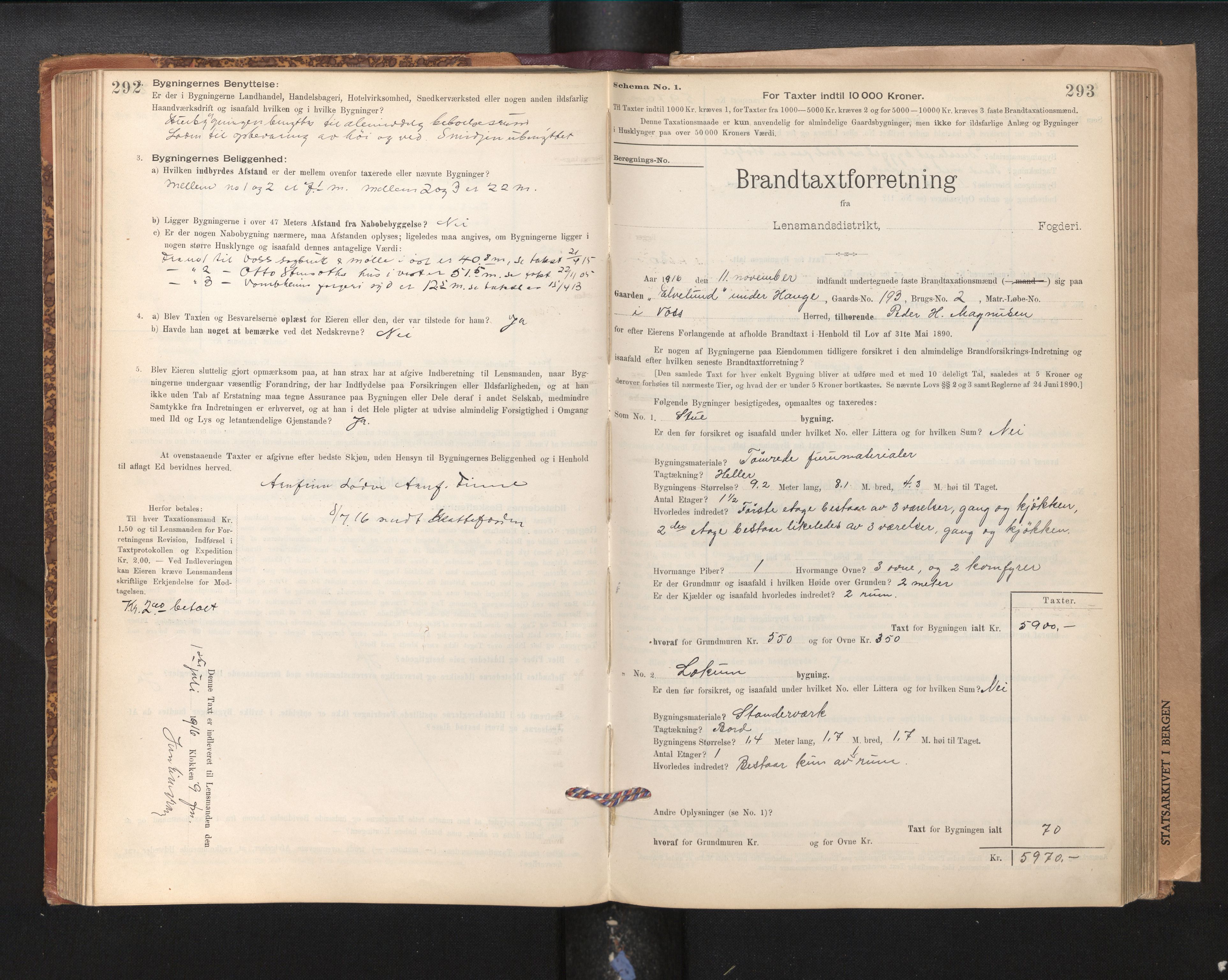 Lensmannen i Voss, SAB/A-35801/0012/L0008: Branntakstprotokoll, skjematakst, 1895-1945, s. 292-293