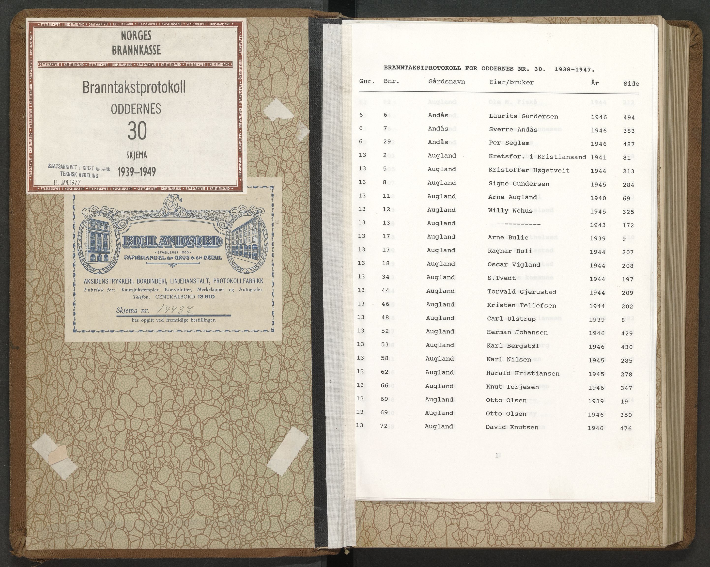 Norges Brannkasse Oddernes, AV/SAK-2241-0042/F/Fa/L0030: Branntakstprotokoll nr. 30, 1938-1947