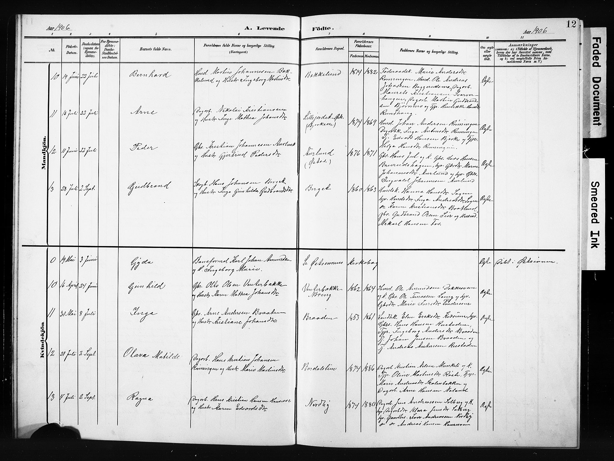 Nordre Land prestekontor, AV/SAH-PREST-124/H/Ha/Hab/L0006: Klokkerbok nr. 6, 1905-1929, s. 12