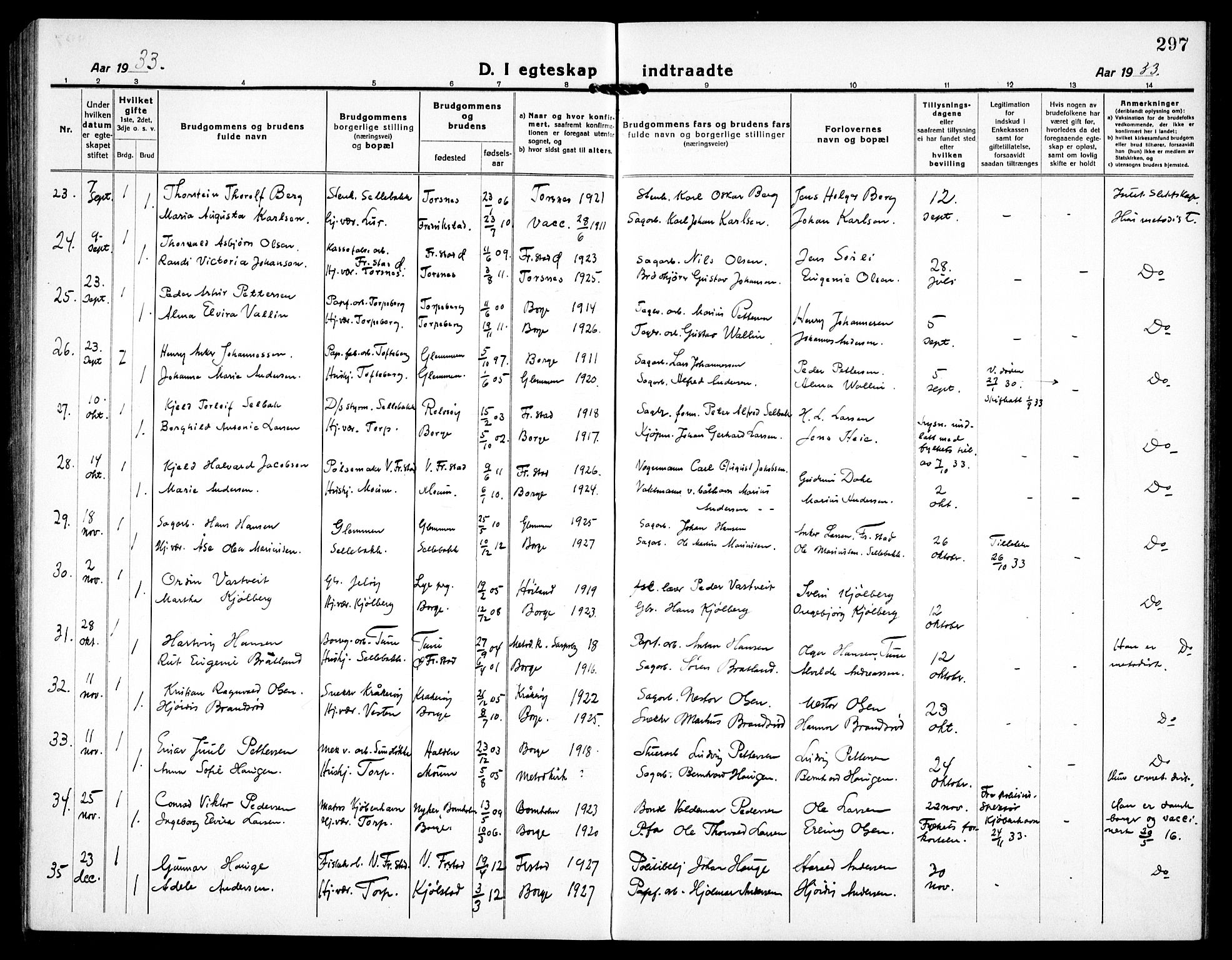 Borge prestekontor Kirkebøker, AV/SAO-A-10903/G/Ga/L0003: Klokkerbok nr. I 3, 1918-1939, s. 297