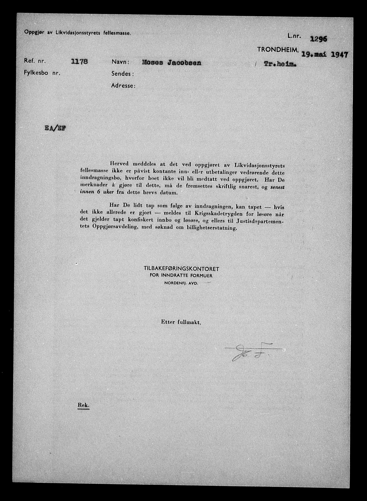 Justisdepartementet, Tilbakeføringskontoret for inndratte formuer, AV/RA-S-1564/H/Hc/Hca/L0899: --, 1945-1947, s. 4