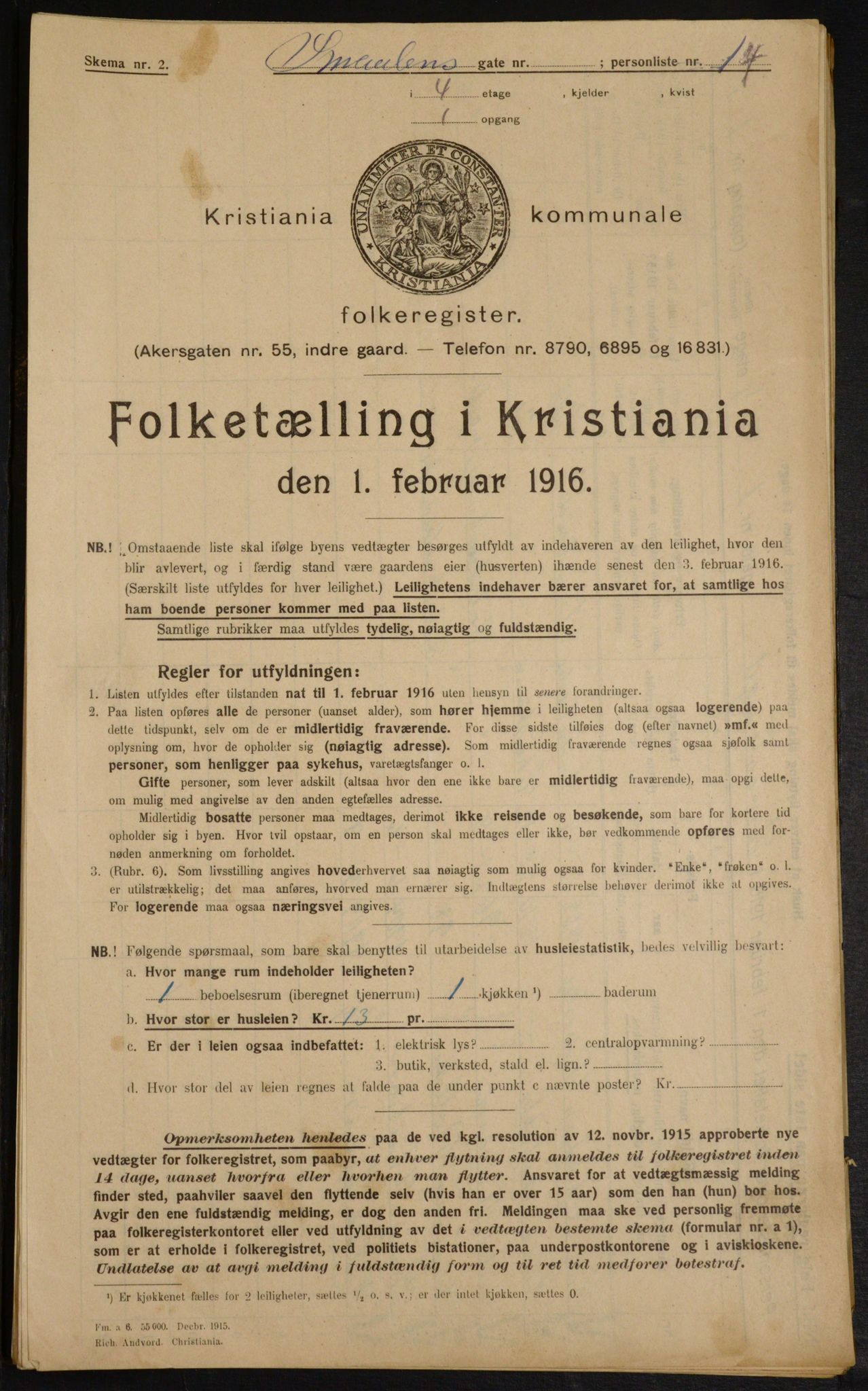 OBA, Kommunal folketelling 1.2.1916 for Kristiania, 1916, s. 100161