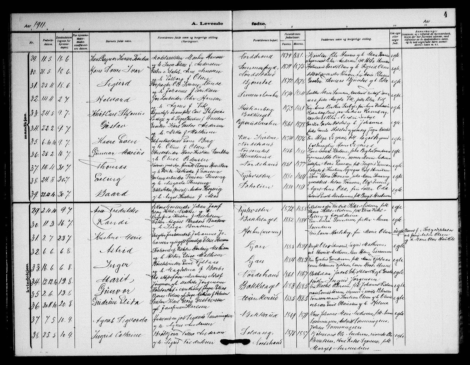 Nordstrand prestekontor Kirkebøker, AV/SAO-A-10362a/G/Ga/L0001: Klokkerbok nr. I 1, 1911-1918, s. 4